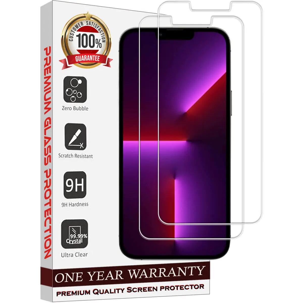 CUSTOMER 100% SATISFACTION GUARANTEE PREMIUM Zero Bubble GLASS Scratch Resistant 9H 9H Hardness PROTECTION ONE Ultra Crystal 99.99% Clear YEAR QUALITY SCREEN WARRANTY PROTECTOR
