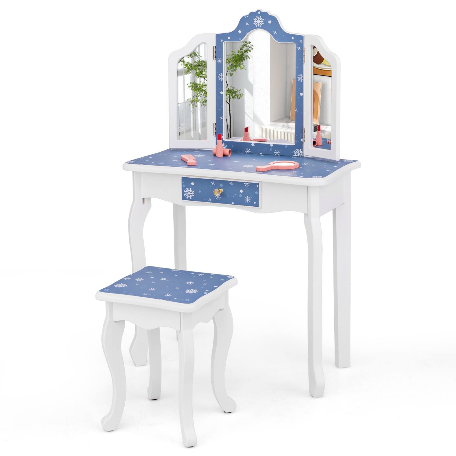 Angle. SlickBlue - Princess Pretend Play Makeup Table and Stool Set with Tri-Fold Mirror - Blue.