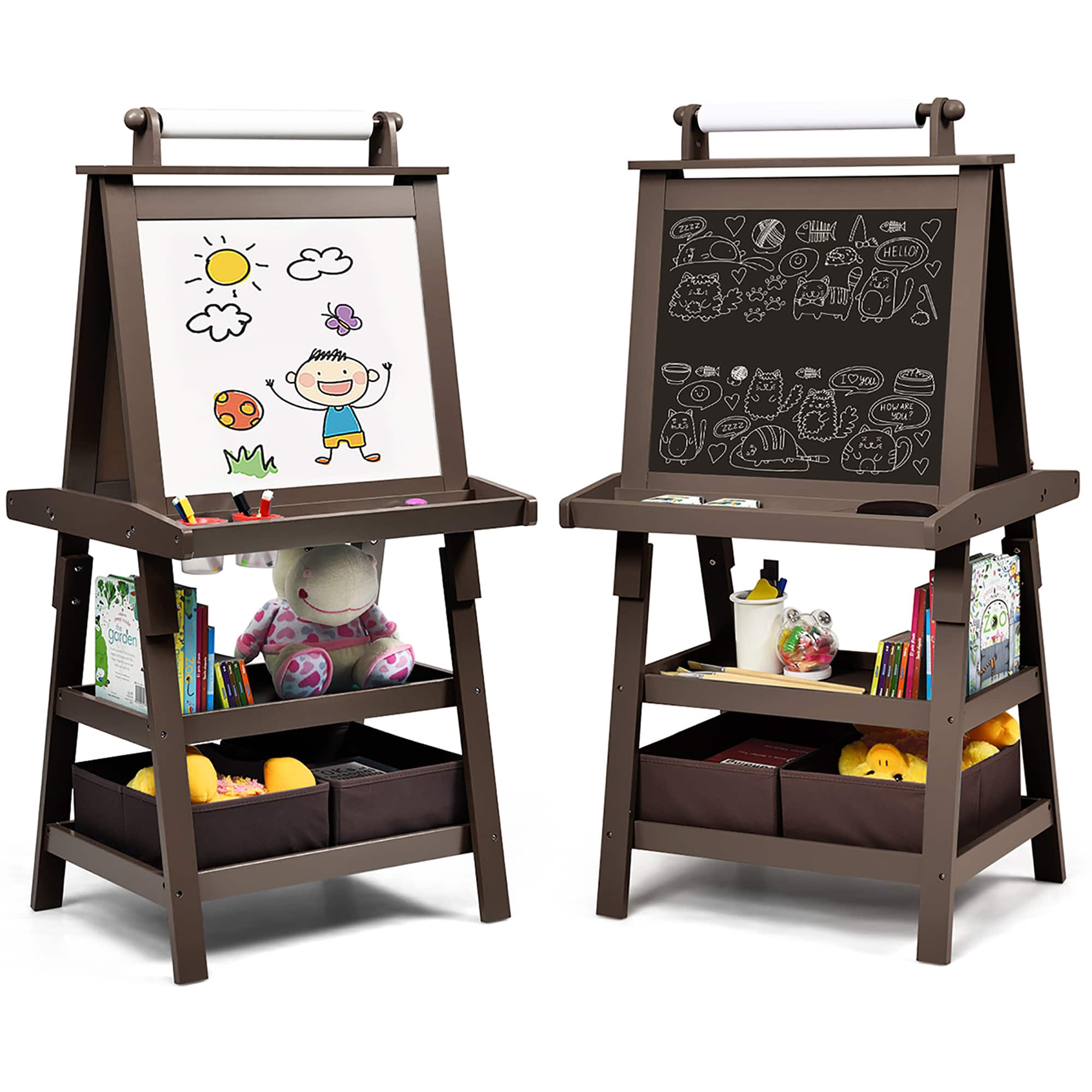 The text on the image is in a foreign language, so it is not possible to group and correct it without understanding the language. However, the image features a wooden easel with a chalkboard and a bookshelf, which suggests that it might be a part of a child's play area or a learning environment.