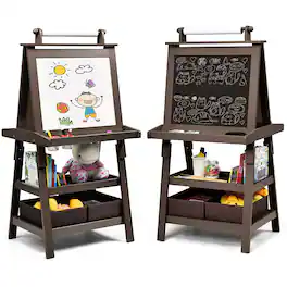 Costway - 3 in 1 Double-Sided Wooden Kid's Art Easel Whiteboard - Coffee