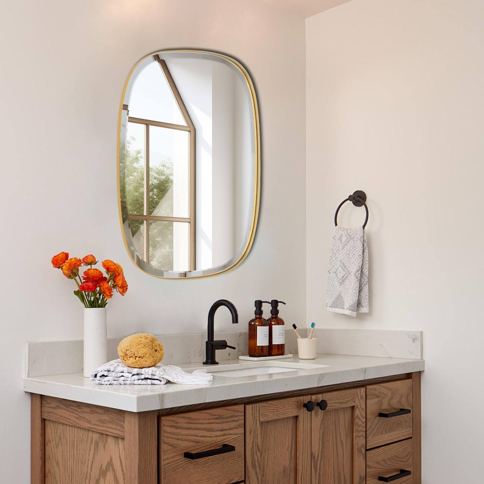 Alt View 3. Empire DigiLabs - Brushed Mirror Brass Beveled Mirrors For Bathroom Rounded Rectangle Modern Vanity Wall In Stainless Steel F - Black Arch 38"L x 24"W.