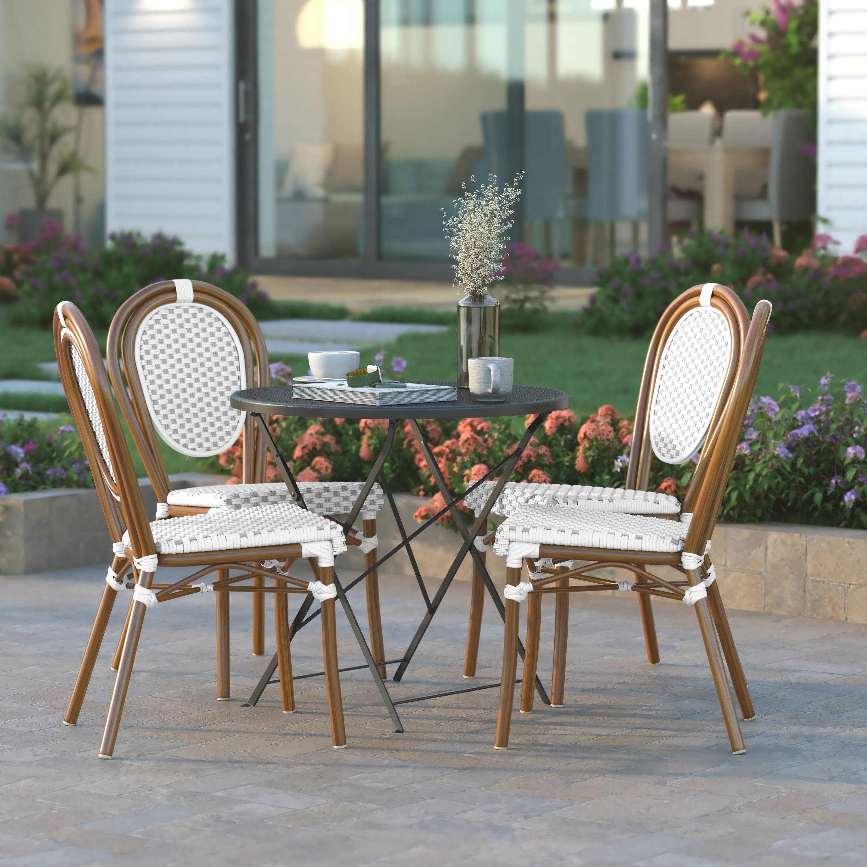 Alt View 4. Emma + Oliver - 2 Pack Stacking Bistro Chair with Bamboo Print Metal Frame - Black & White/Light Natural Frame.