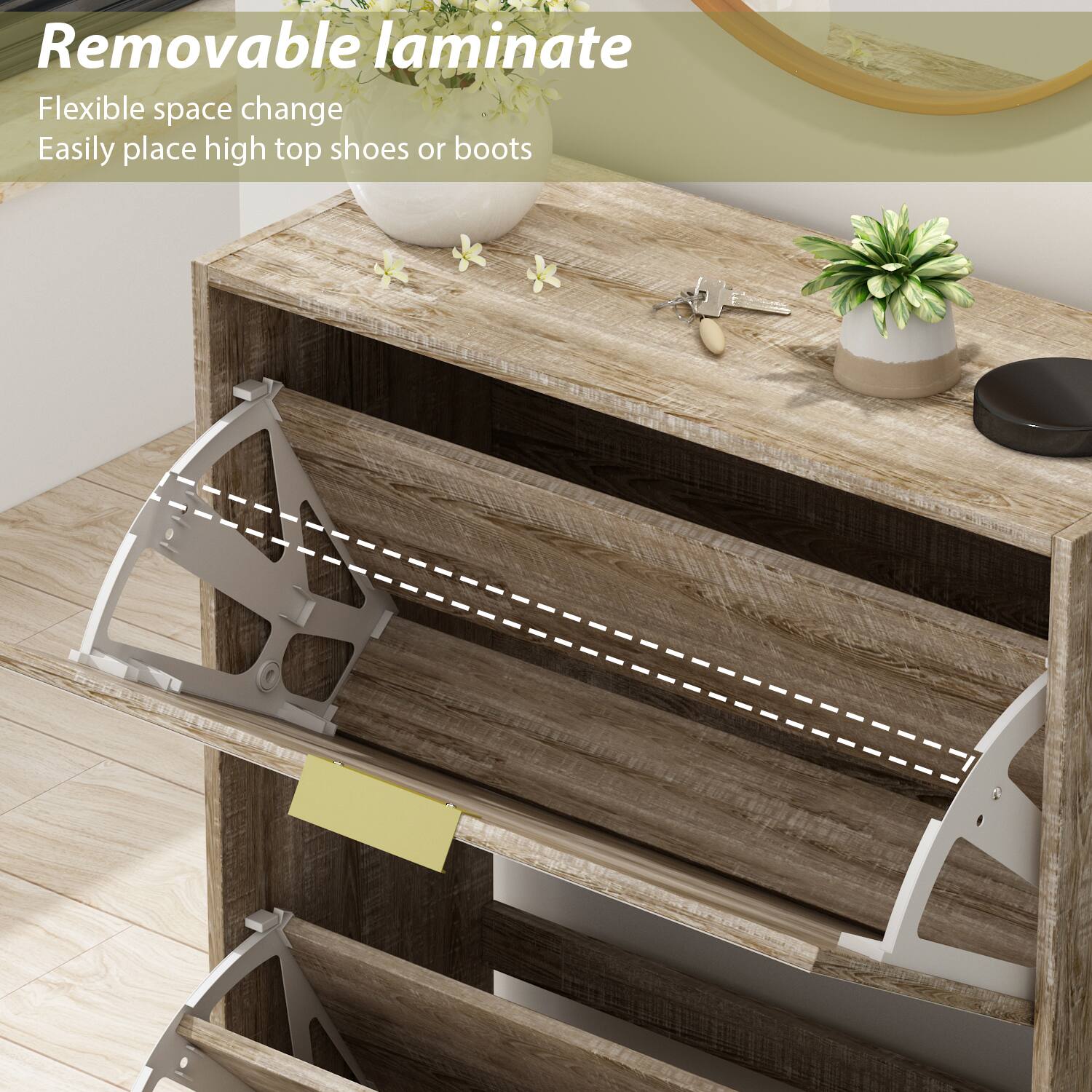 Removable laminate, Flexible space change, Easily place high top shoes or boots