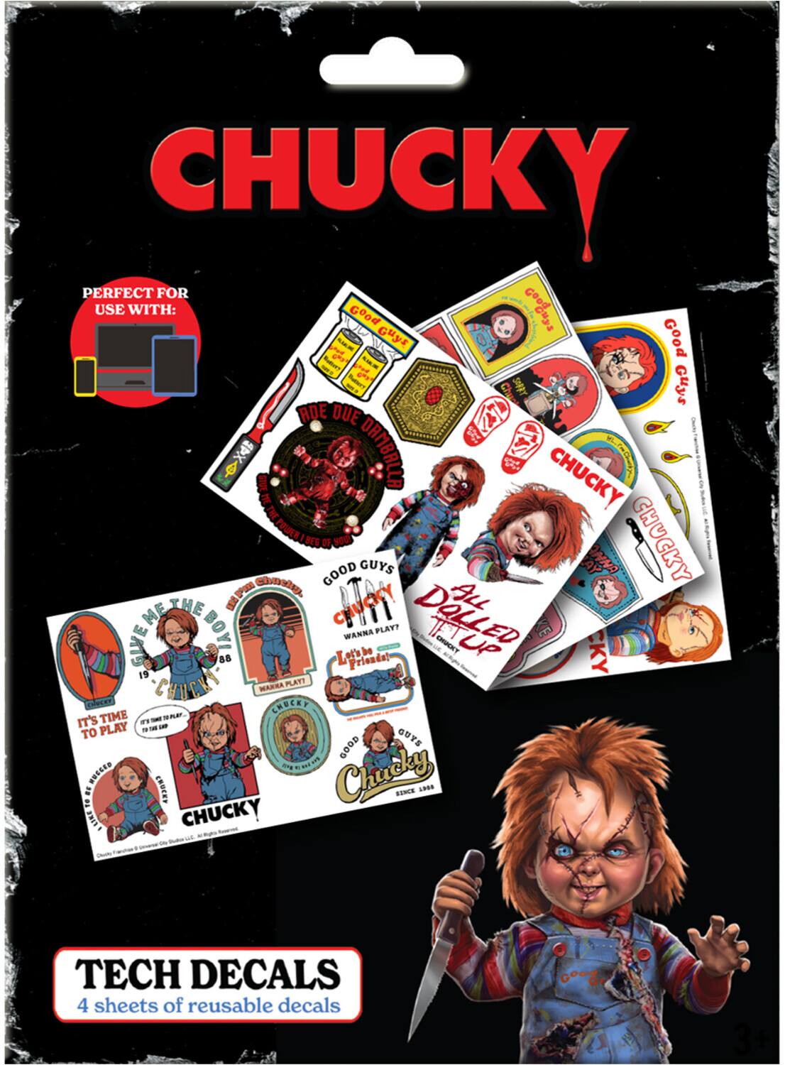 CHUCKY

PERFECT FOR USE WITH:

- Good Guys SA-1A
- Good Guys C - Rare
- Chuck SHPY Guys ADE DUE $ DRMBALLA
- CHUCKY ViROe THE POWER BEG yoU
- CHUCKY OF GOOD GUYS SAPO
- CHUCKY DOLLED BOYL WANNA PLAY? GIE
- Letbla CHUCKT UP CKY 88 Prienda!
- 19 CHUCK NARRA PLAYT
- CHUCKY TIME - - nar IT'S PLAY .. - - 1 TO GUYS GOOD 1 S BUECED
- Chucky
- CHUCKY SENCE 1998
- 2 HLIKE TO CHUCKY TECH DECALS

4 sheets of reusable decals

3+