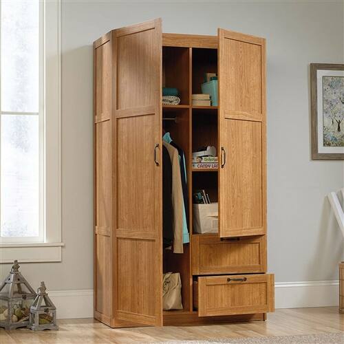 Left. SlickBlue - Freestanding Closet Organizer with Doors and Shelves for Bedroom Storage - Medium Oak.