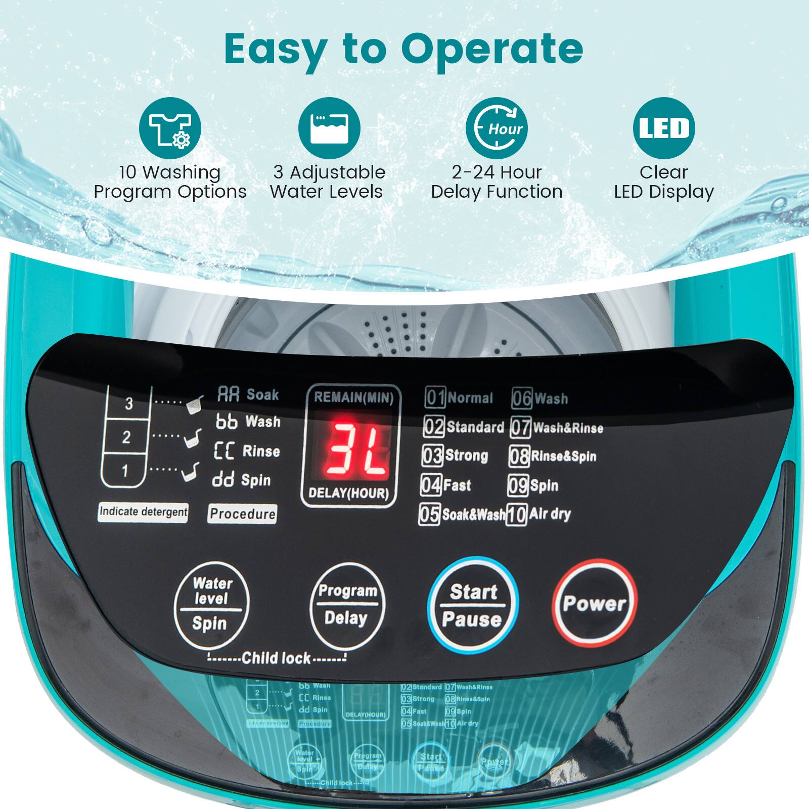 Easy to Operate

10 Washing Program Options
3 Adjustable Water Levels
2-24 Hour Delay Function
Clear LED Display

RR Soak
REMAIN(MIN)
Normal 06 Wash
bb Wash 02 Standard 07 Wash&Rinse
CC Rinse 03 Strong 08 Rinse&Spin
dd Spin 04 Fast 09 Spin
DELAY(HOUR)
Indicate detergent Procedure
05 Soak&Wash 10 Air dry
Water level Spin Program Delay
Start Pause Power
Child lock
