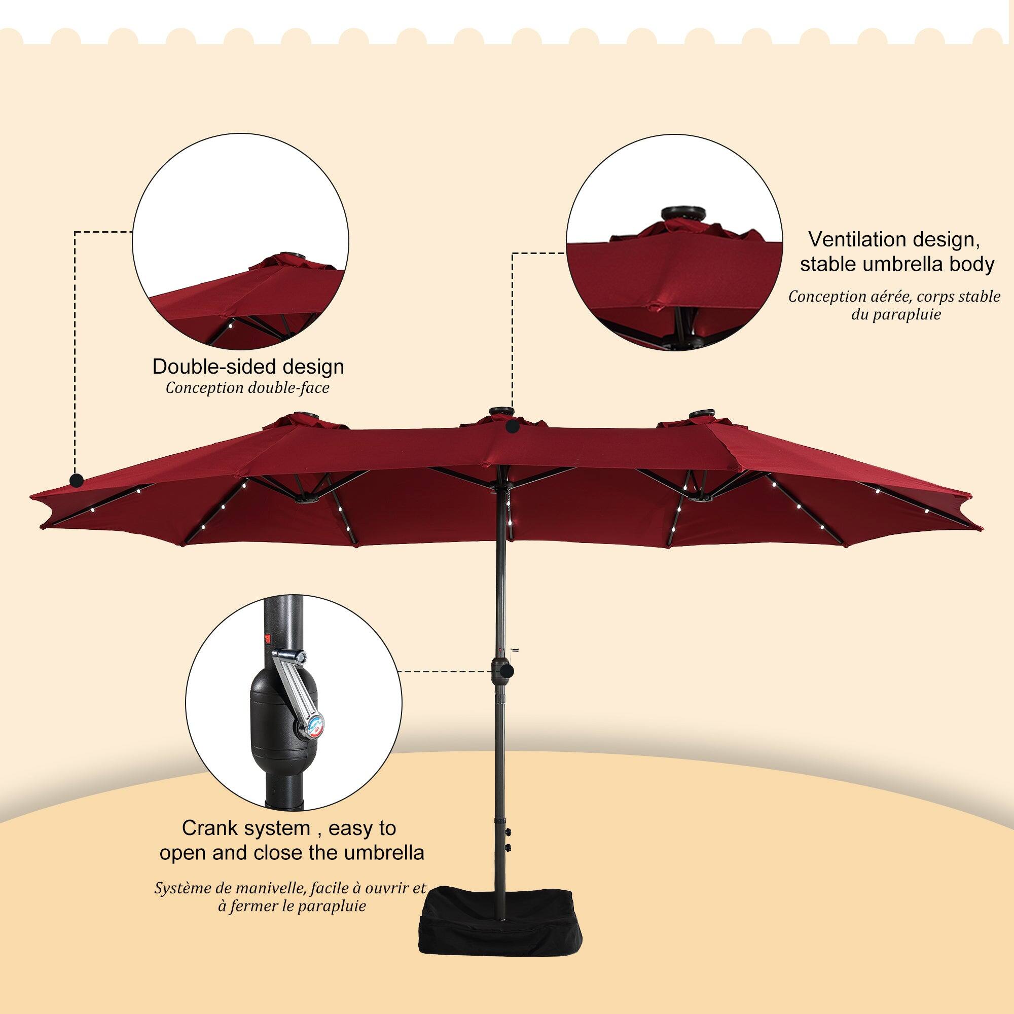 Ventilation design, stable umbrella body  
Conception aérée, corps stable du parapluie  

Double-sided design  
Conception double-face  

Crank system, easy to open and close the umbrella  
Système de manivelle, facile à ouvrir et à fermer le parapluie