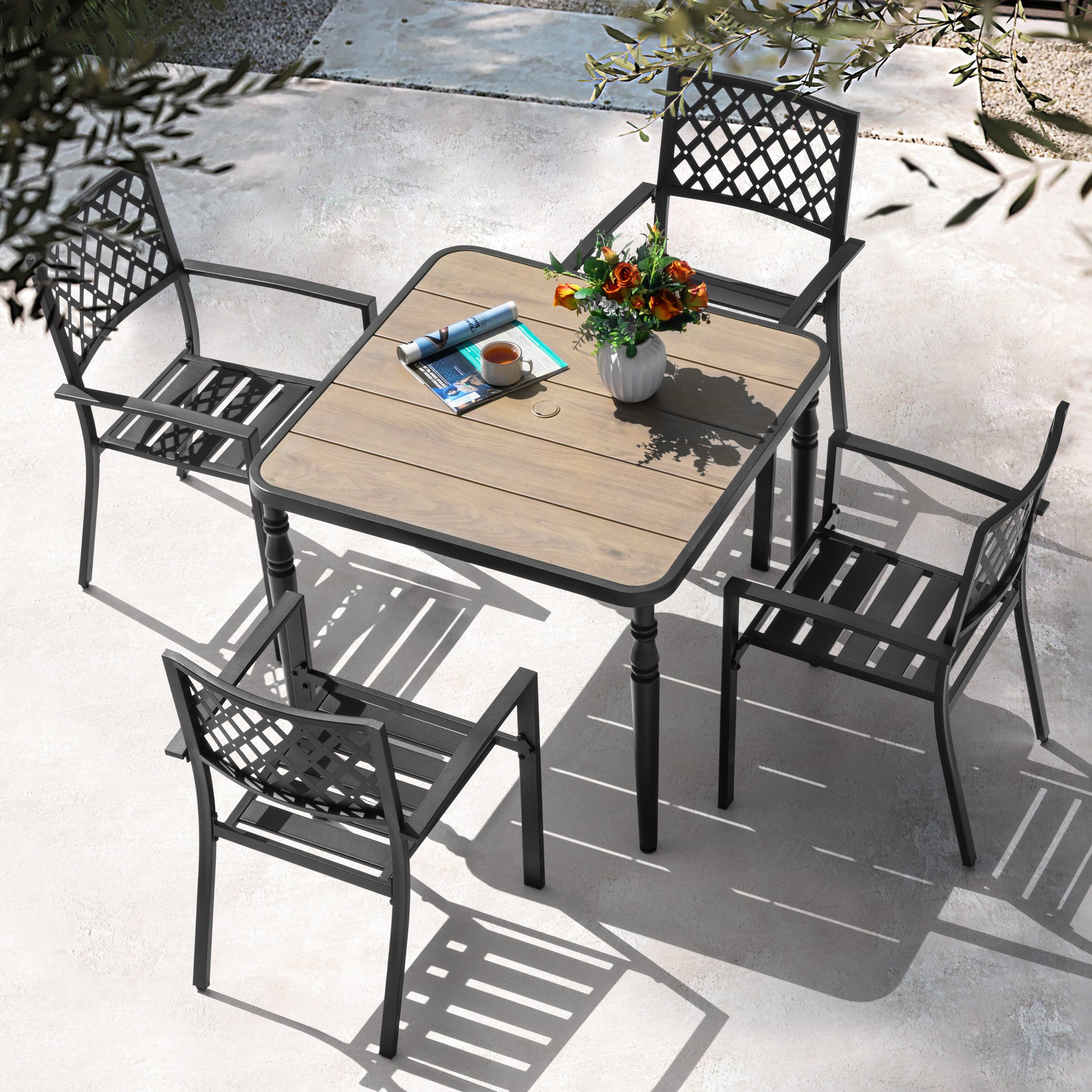 Left. Nuu Garden - 5PCS Patio Metal Dining Set with Wood-Grain Tabletop and Umbrella Hole - Black.
