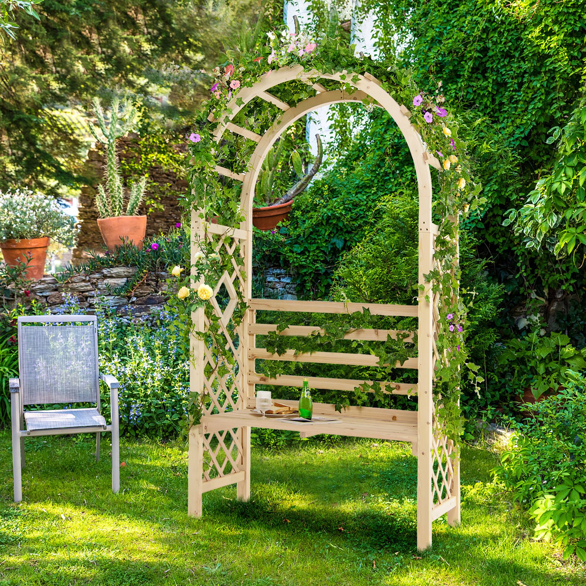Alt View 3. Costway - Wooden Garden Bench Arch Pergola Outdoor Arbor w/backrest Patio Trellis Pergola - Natural.