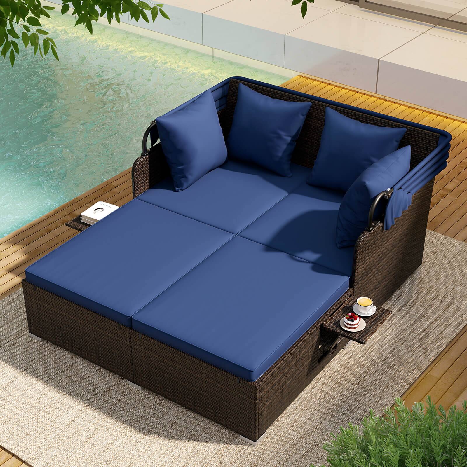 Alt View 3. Costway - Costway Patio Rattan Daybed Lounge Retractable Top Canopy Side Tables Cushions - Mix Brown + Navy.