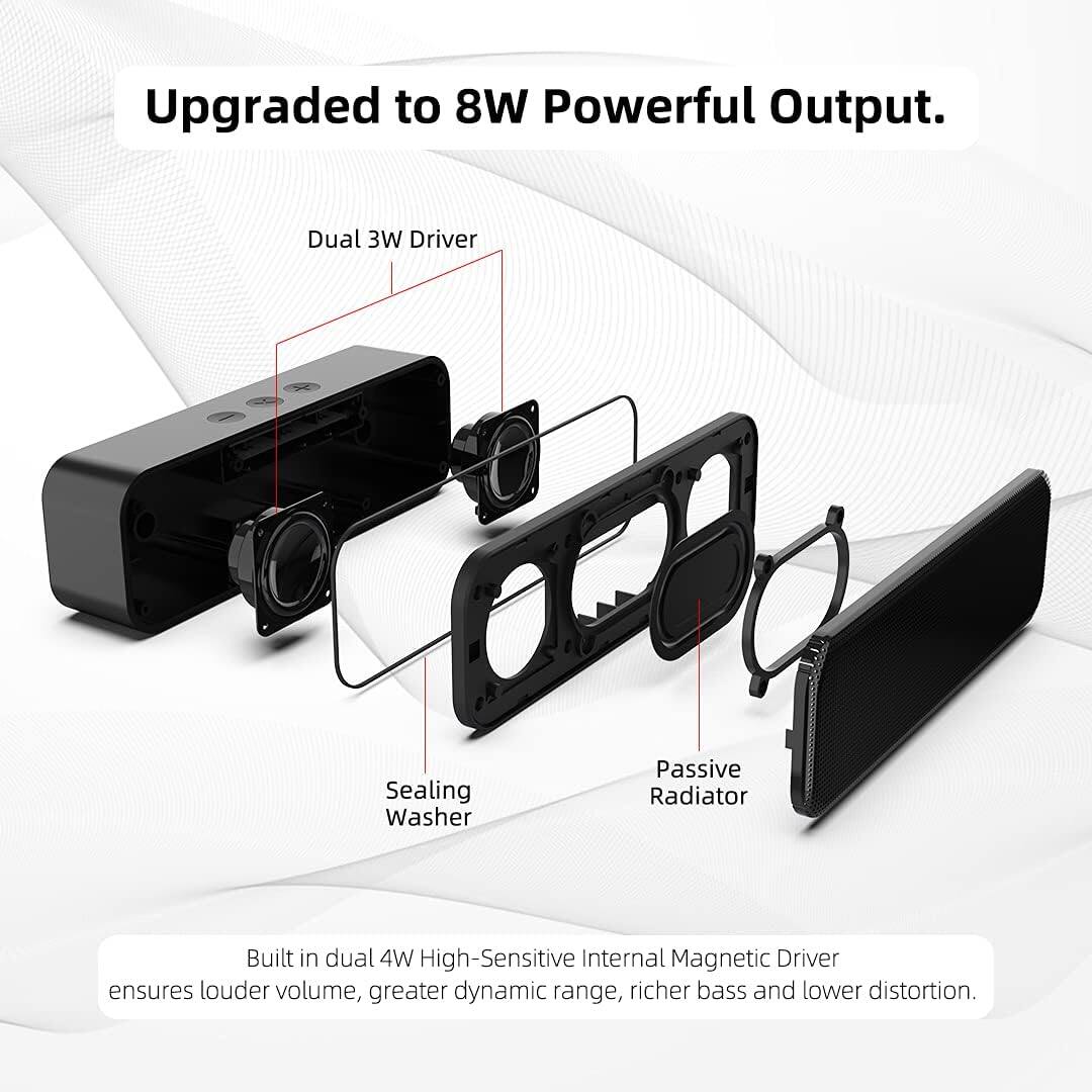 Upgraded to 8W Powerful Output.

- Dual 3W Driver
- Sealing Washer
- Passive Radiator

Built-in dual 4W High-Sensitive Internal Magnetic Driver ensures louder volume, greater dynamic range, richer bass, and lower distortion.