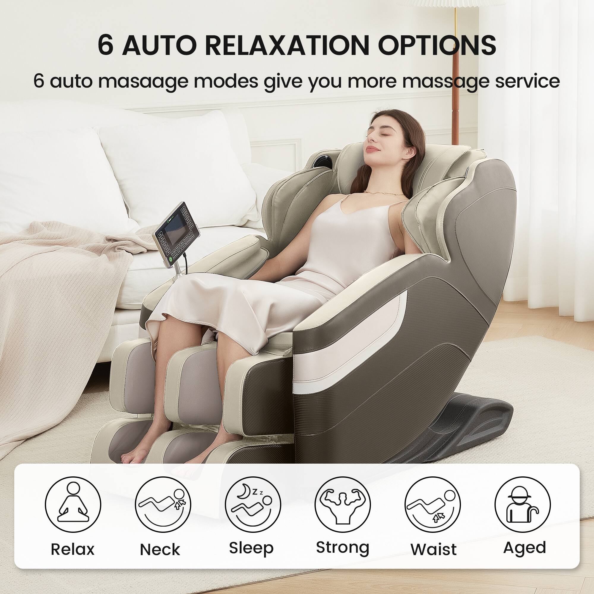 6 AUTO RELAXATION OPTIONS

6 auto massage modes give you more massage service

- Relax
- Neck
- Sleep
- Strong
- Waist
- Aged