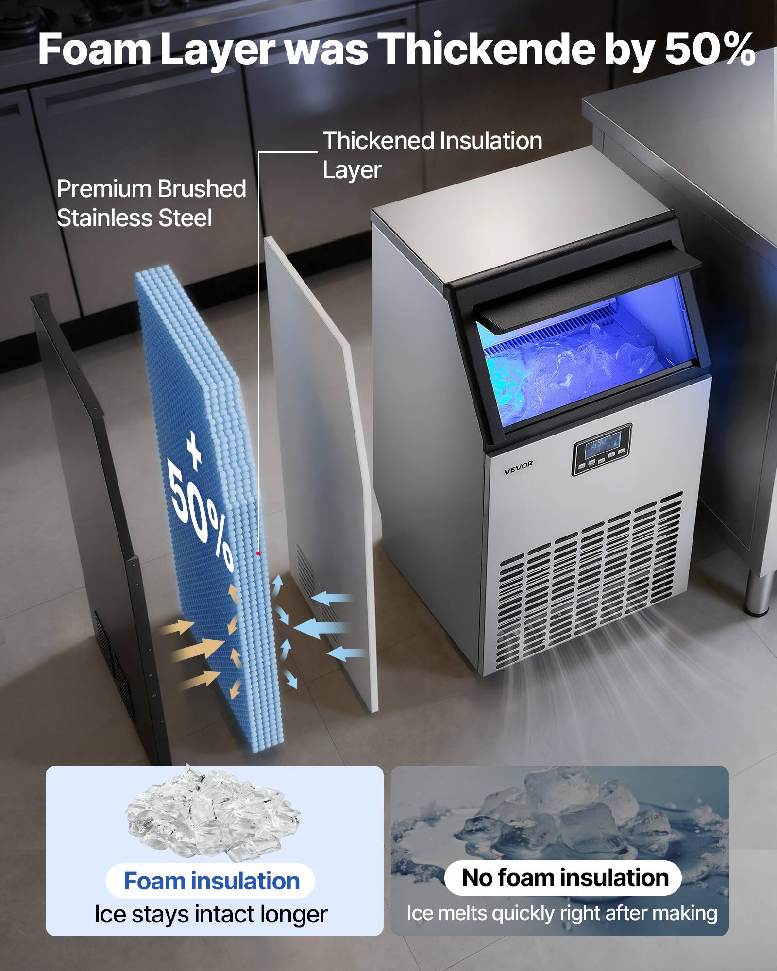 Foam Layer was Thickened by 50%

Premium Brushed Stainless Steel

Thickened Insulation Layer

50%

VEVOR

Foam insulation Ice stays intact longer

No foam insulation Ice melts quickly right after making