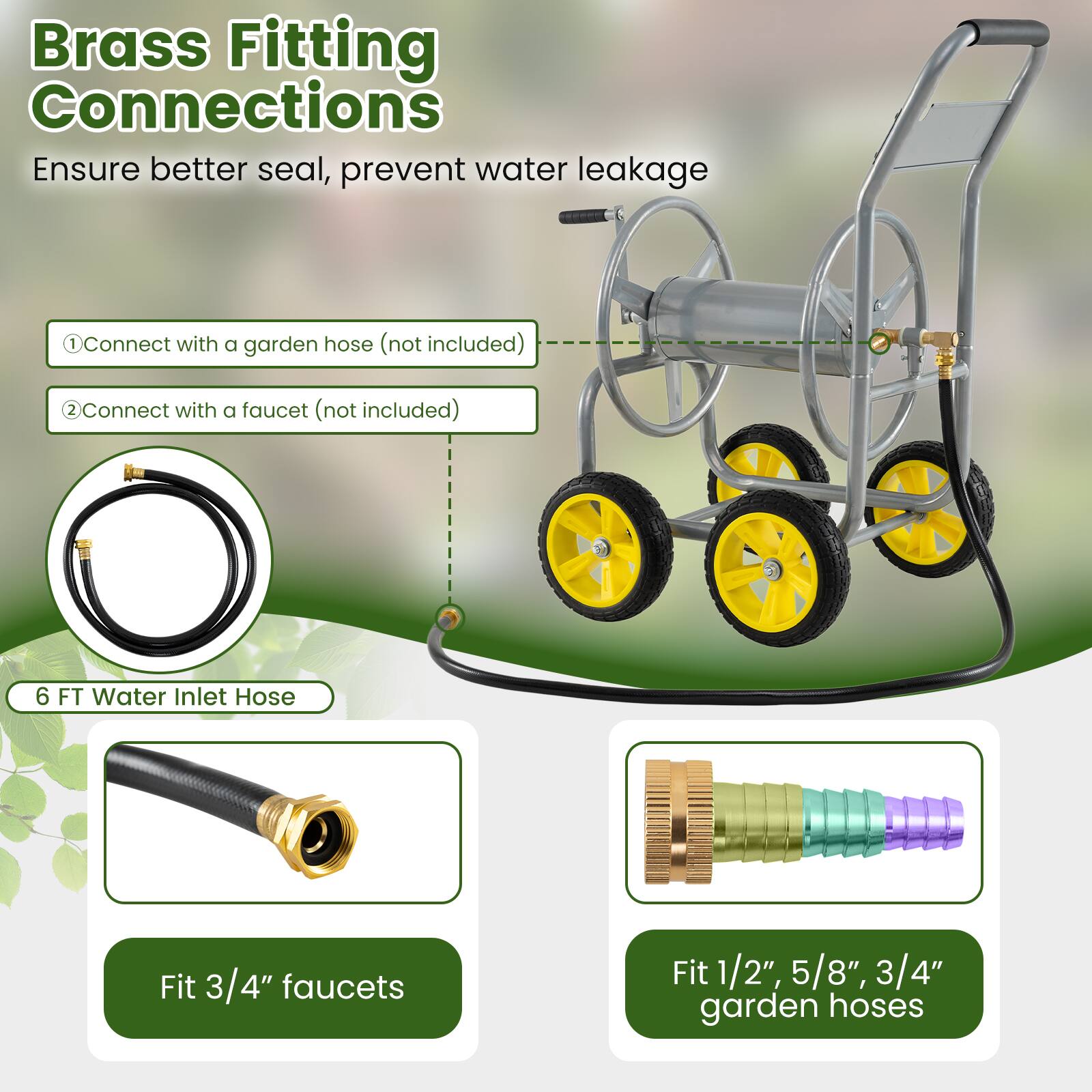 Brass Fitting Connections  
Ensure better seal, prevent water leakage  

1. Connect with a garden hose (not included)  
2. Connect with a faucet (not included)  

6 FT Water Inlet Hose  
Fit 3/4" faucets  

Fit 1/2", 5/8", 3/4" garden hoses