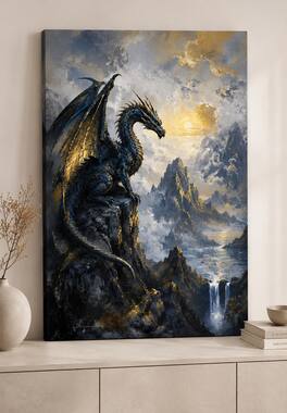 FC Design - Large Midnight Mountain Dragon Wall Art Canvas Print 24x36" Mystic Peak Fantasy Painting for Home Decor - MultiColor