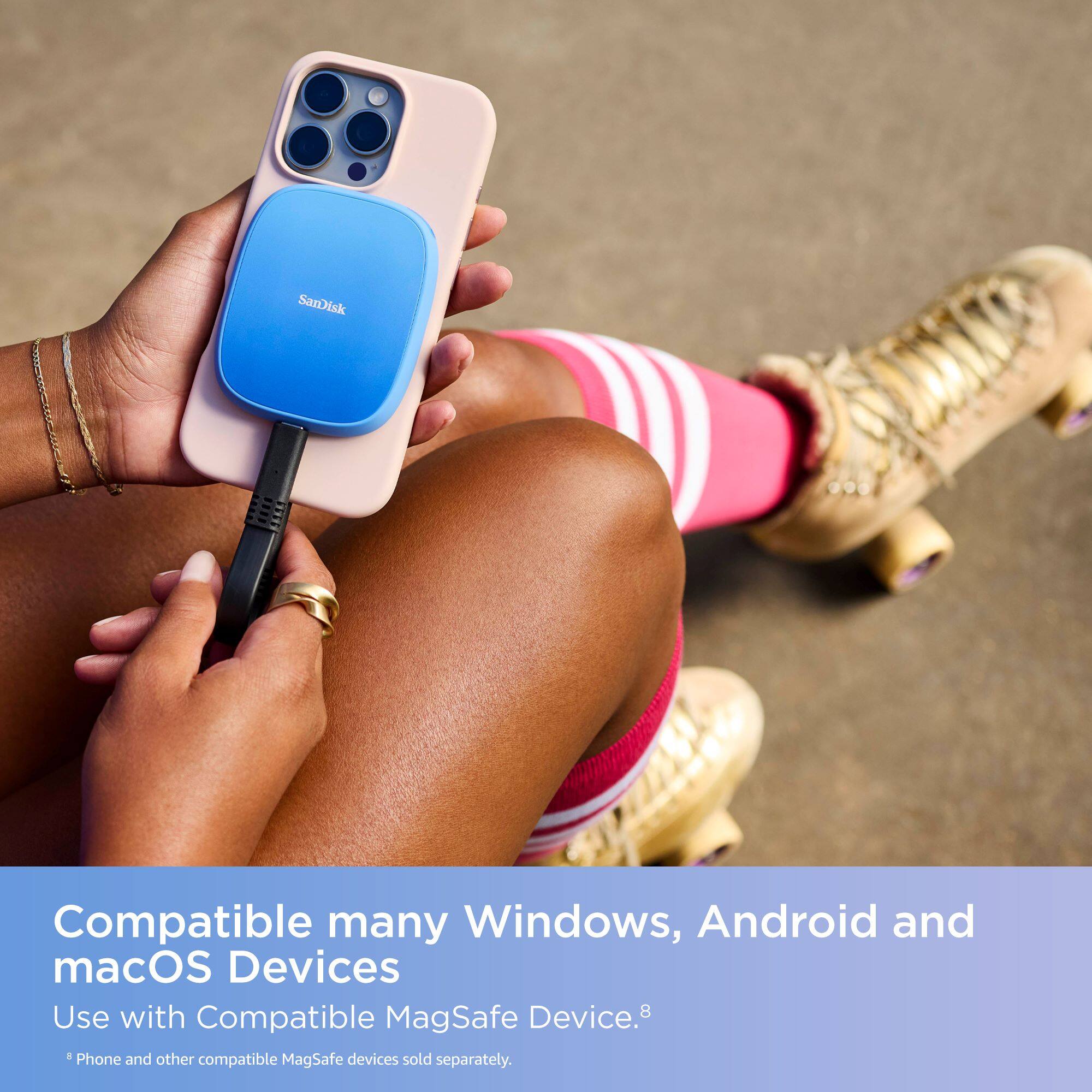 SanDisk is compatible with many Windows, Android, and macOS devices. It can be used with a compatible MagSafe device. The phone and other compatible MagSafe devices are sold separately.