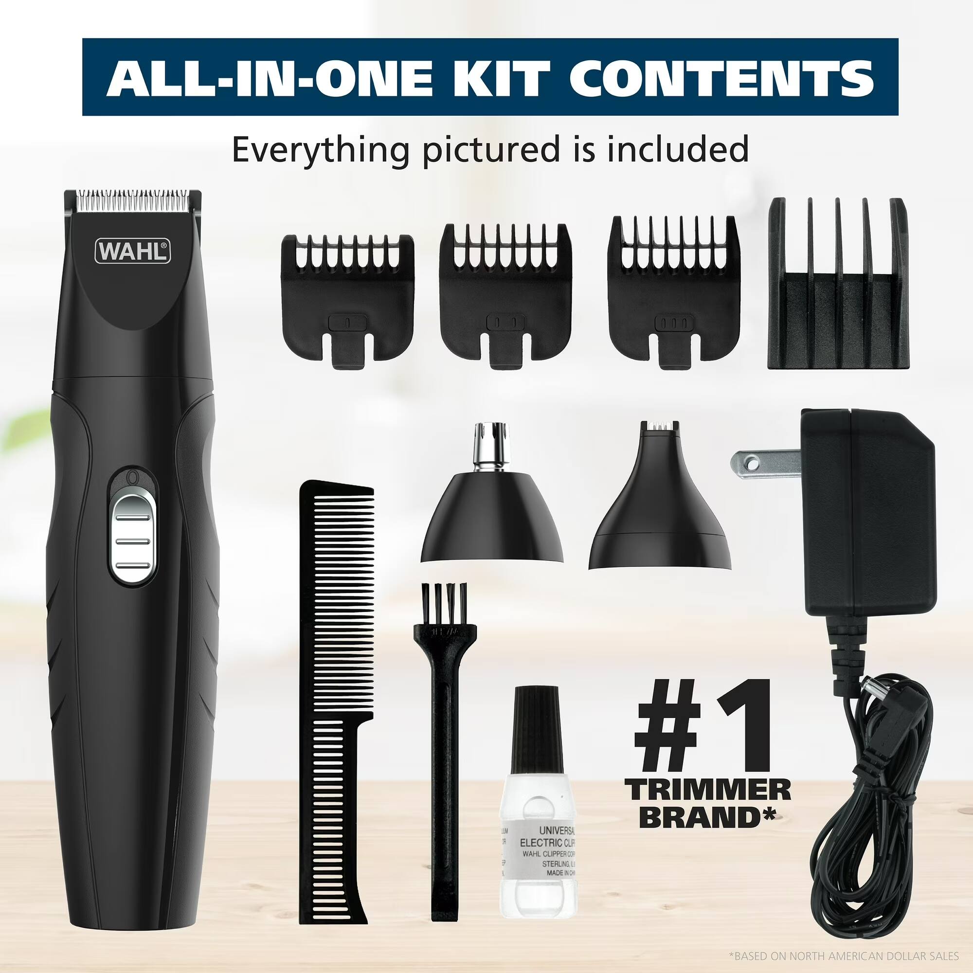ALL-IN-ONE KIT CONTENTS  
Everything pictured is included  

WAHL #1 TRIMMER BRAND*  
UNIVERSAL ELECTRIC CLIPPER  

*BASED ON NORTH AMERICAN DOLLAR SALES