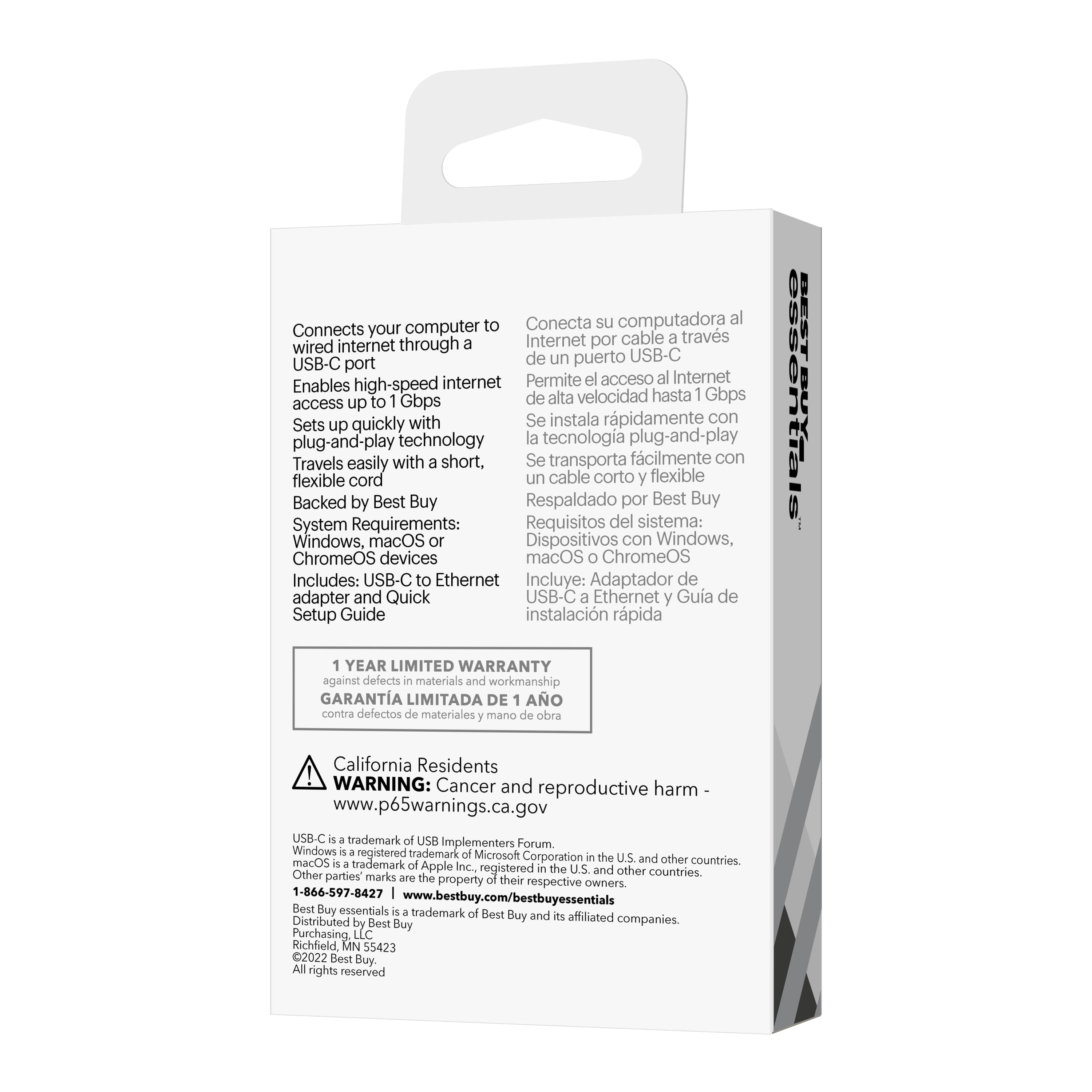 Conecta tu computadora al Internet por cable traves un puerto USB-C. Permite el acceso al Internet de alta velocidad hasta Gbps. Se instala rpidamente con la tecnologia plug-and-play. Travels easily with short, flexible cord. Incluye adaptador USB-C a Ethernet y gua de instalacin rpida. Adem, cuenta con un ao de garantia limitada de 1 ao contra defectos de materiales y mano de obra.