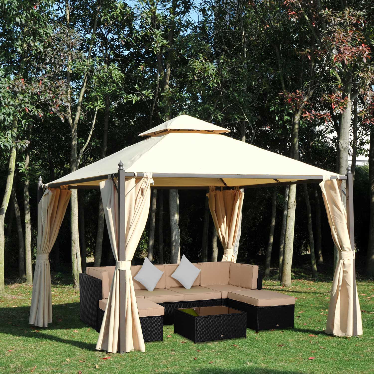 Angle. Outsunny - 10' x 10' Steel Outdoor Patio Gazebo with Polyester Privacy Curtains, Two-Tier Roof for Air, Large Design - Beige.