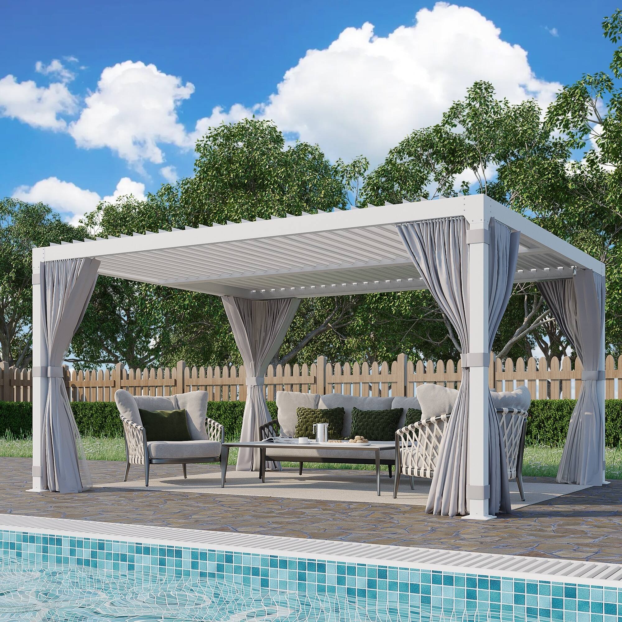 Angle. U-HOMY - 10'x12' Outdoor Living Louvered Pergola - Adjustable & Rainproof Aluminum Roof Gazebo - White.