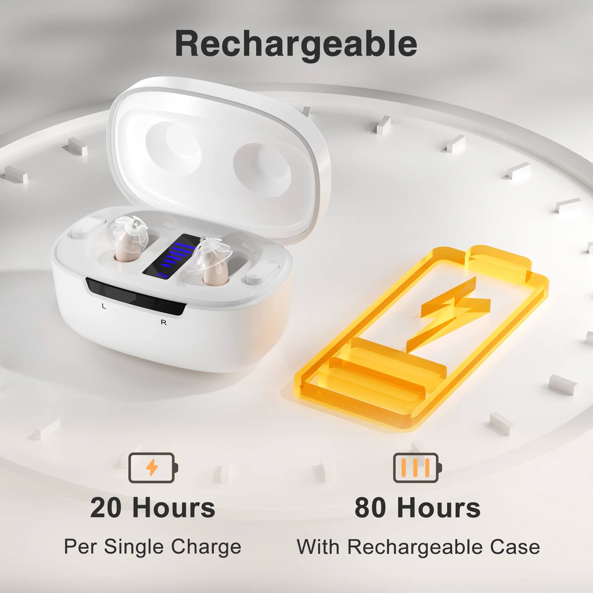 Rechargeable  
20 Hours Per Single Charge  
80 Hours With Rechargeable Case