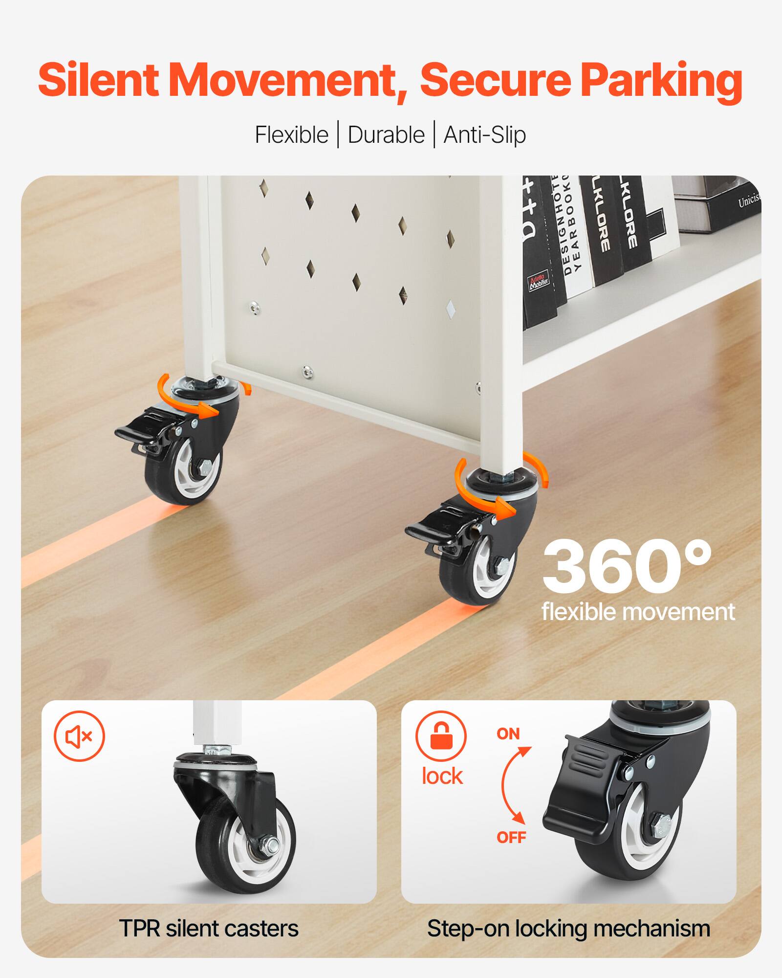 Silent Movement, Secure Parking  
Flexible | Durable | Anti-Slip  

360° flexible movement  

TPR silent casters  

Step-on locking mechanism  
ON  
lock  
OFF