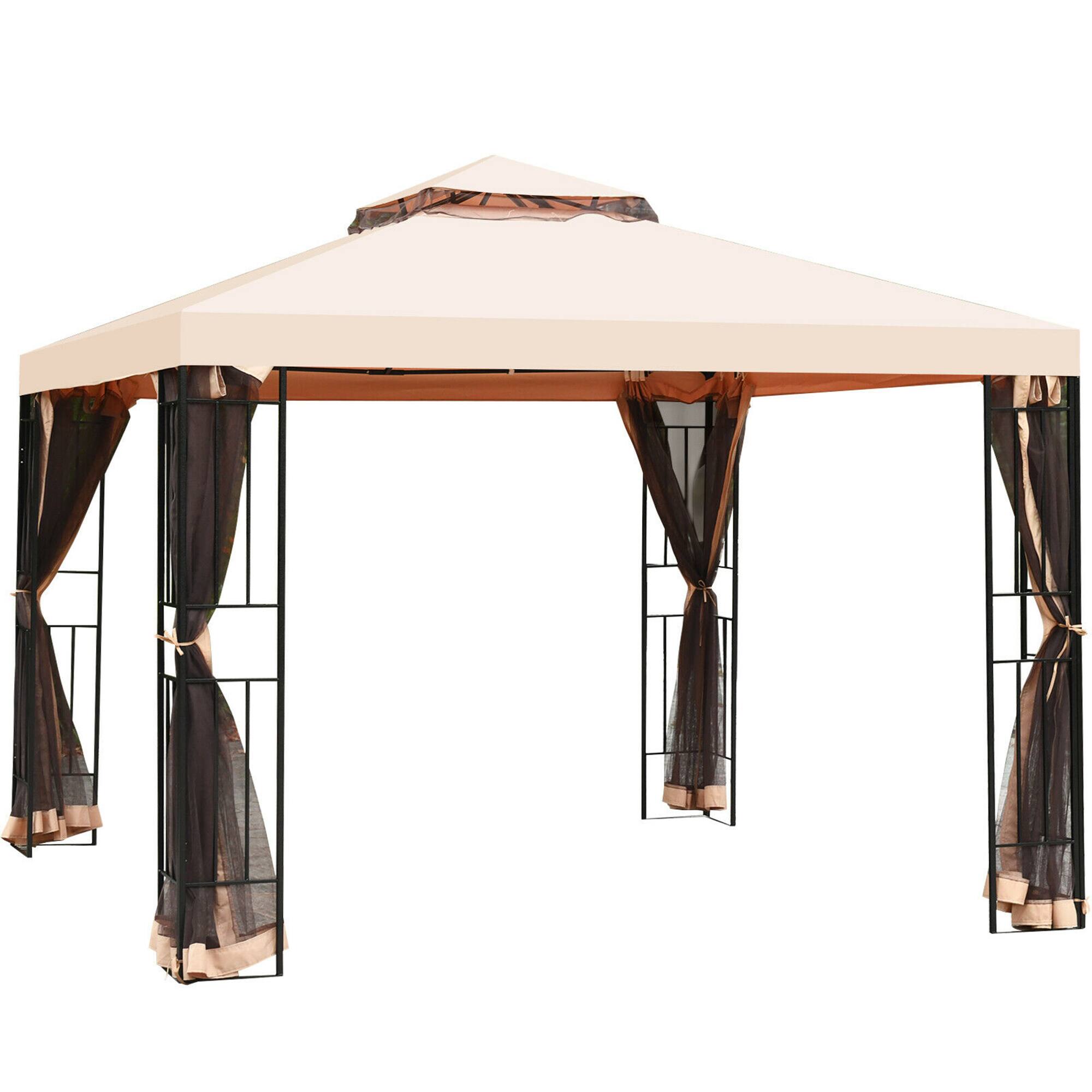 Alt View 4. Gymax - Gymax 10x10ft Metal Gazebo W/ Mosquito Netting Canopy Gazebo 2 Tier Vented Gazebo Top - Light brown.
