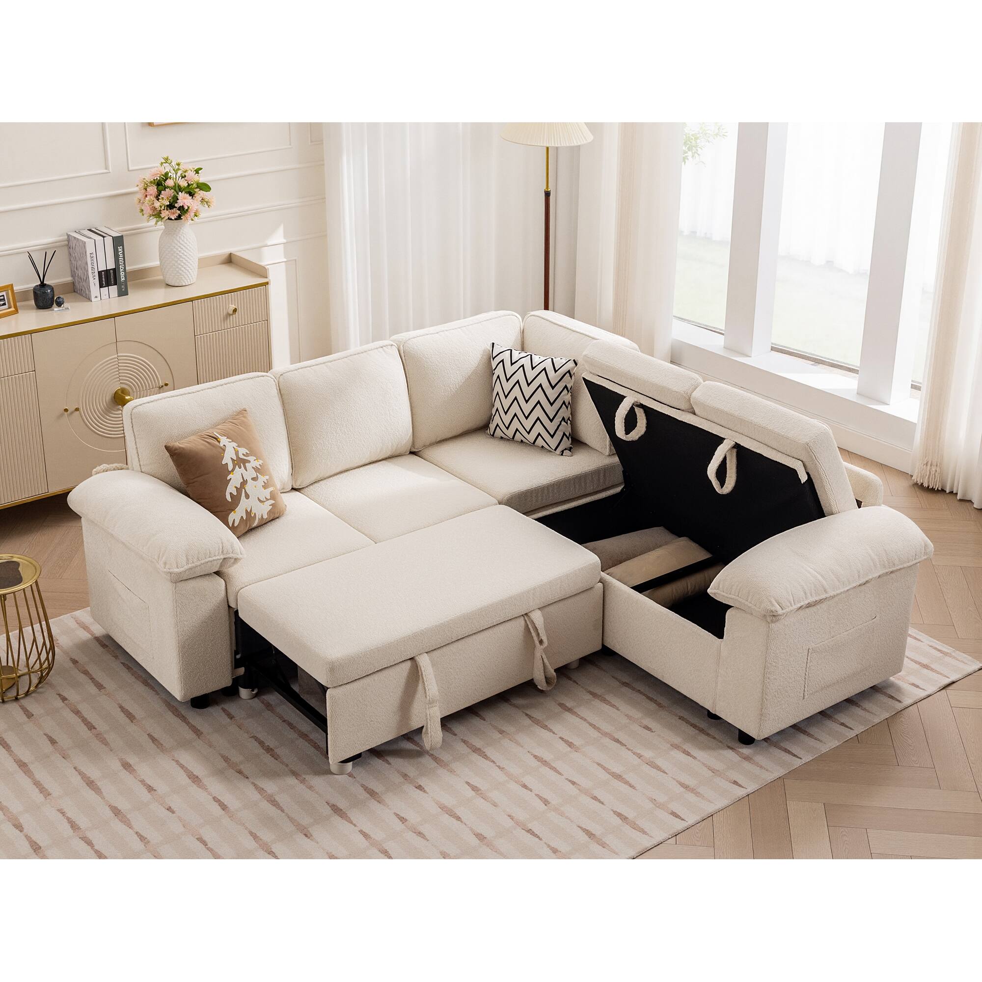 Alt View 5. KERDOM - Oversized Pullout Sofa Couch with Storage Ottoman, Side Pocket, Washable Covers, Sectional Sofa Bed Free Combination - White-A.