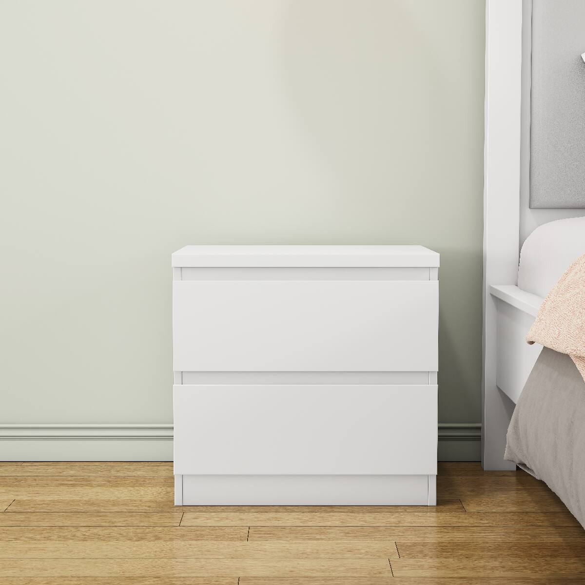 Alt View 1. Loheer - Loheer White Nightstand with 2 Drawers, Handle-Free Design, Compact Bedroom Bedside Table - White.