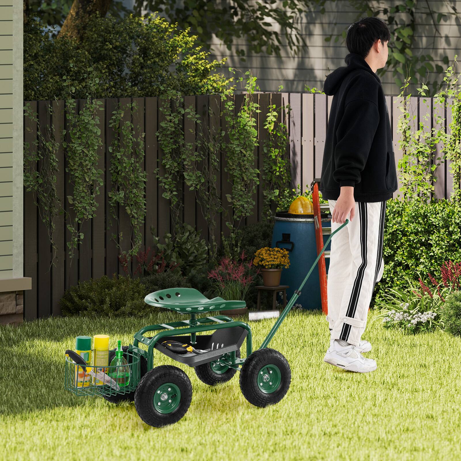 Alt View 8. Costway - Costway Garden Cart Rolling Work Seat for Planting with Extendable Handle - Green.