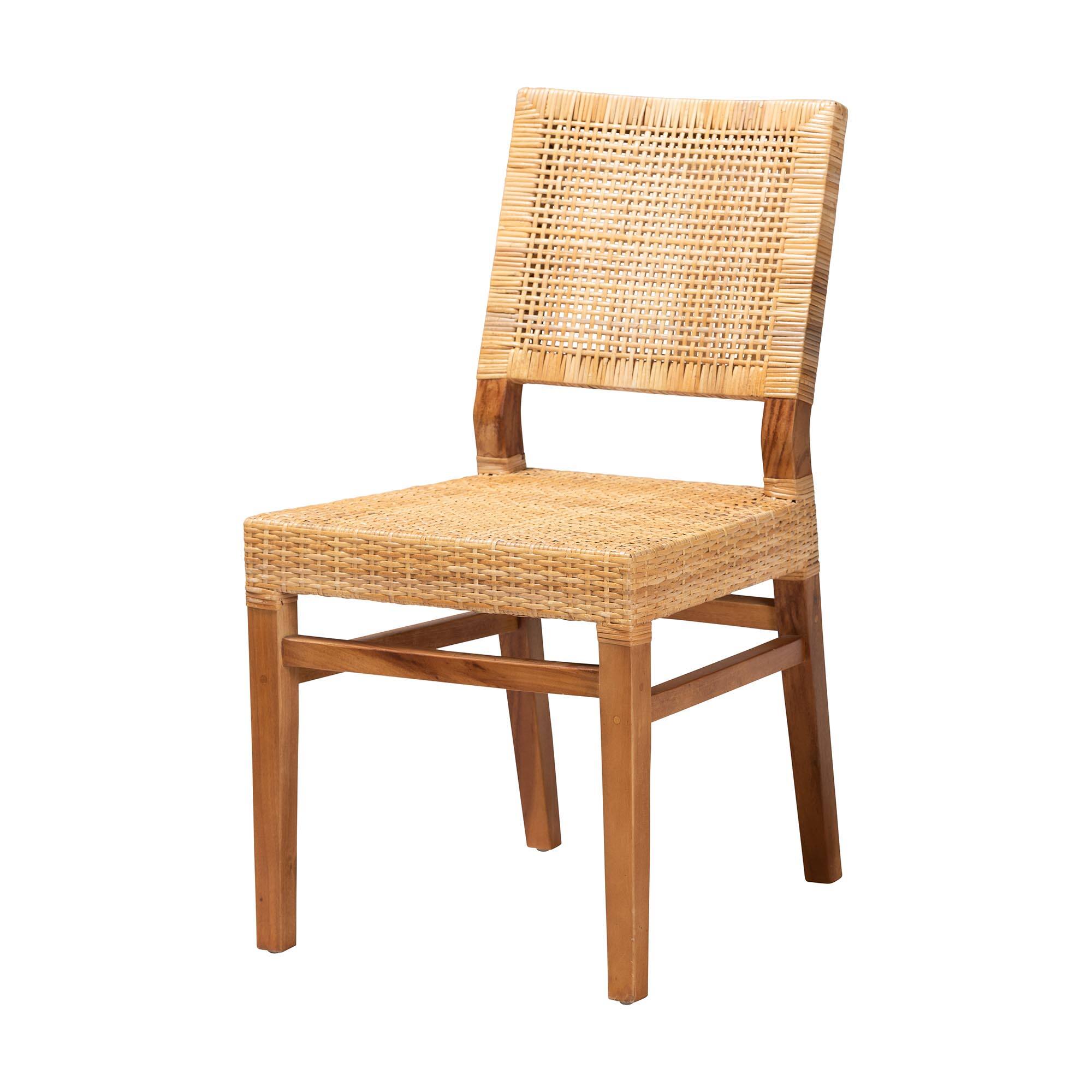 Front. bali & pari - Lesia Modern Bohemian Rattan and Mahogany Wood Dining Chair - Natural Brown/Walnut Brown.