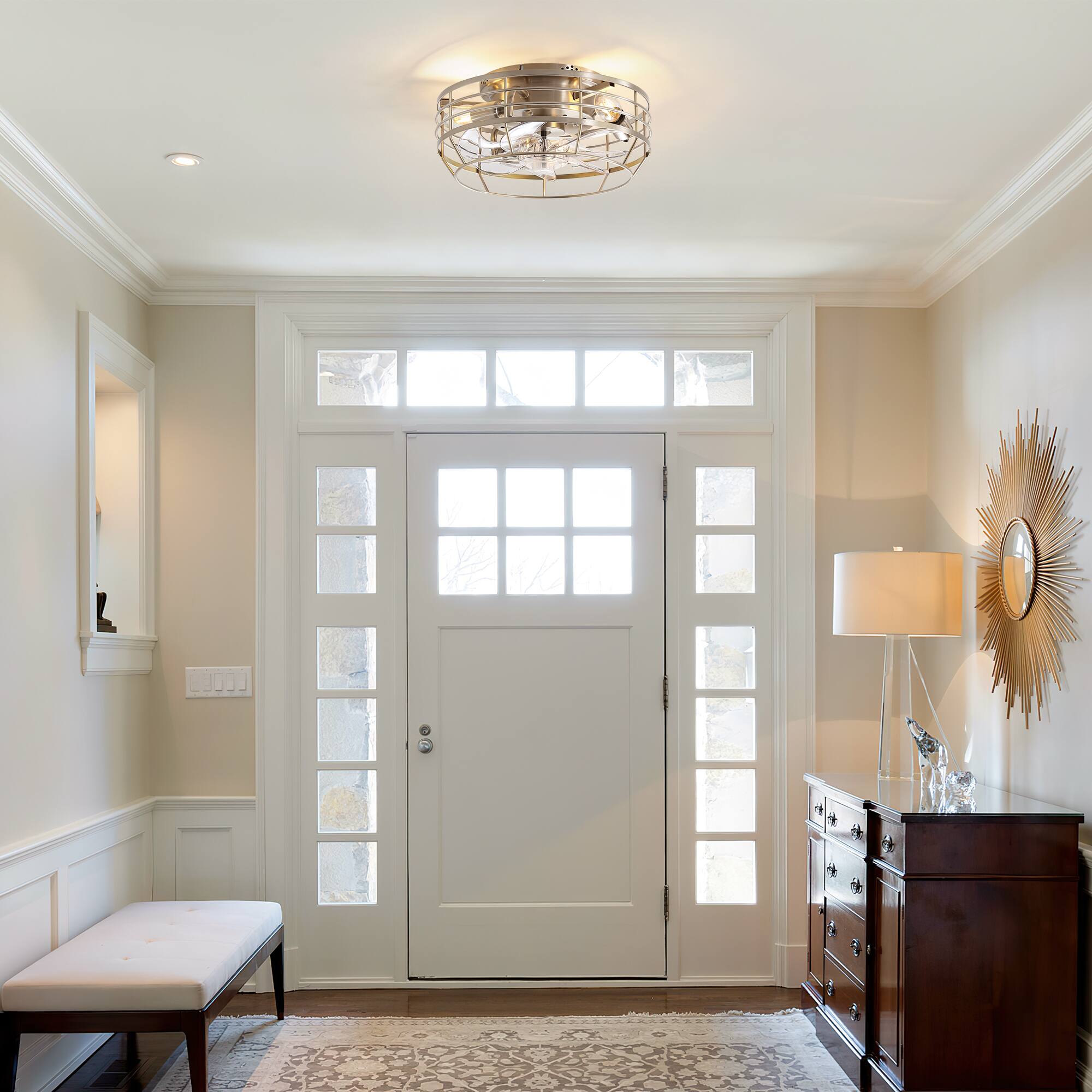 Back. Breezary - 12" Indoor Flush Mount Cage Ceiling Fan with Remote, 7 Blades, 6-Speed DC Motor, Timer & Memory, Compact for Small Rooms - Satin Nickel.