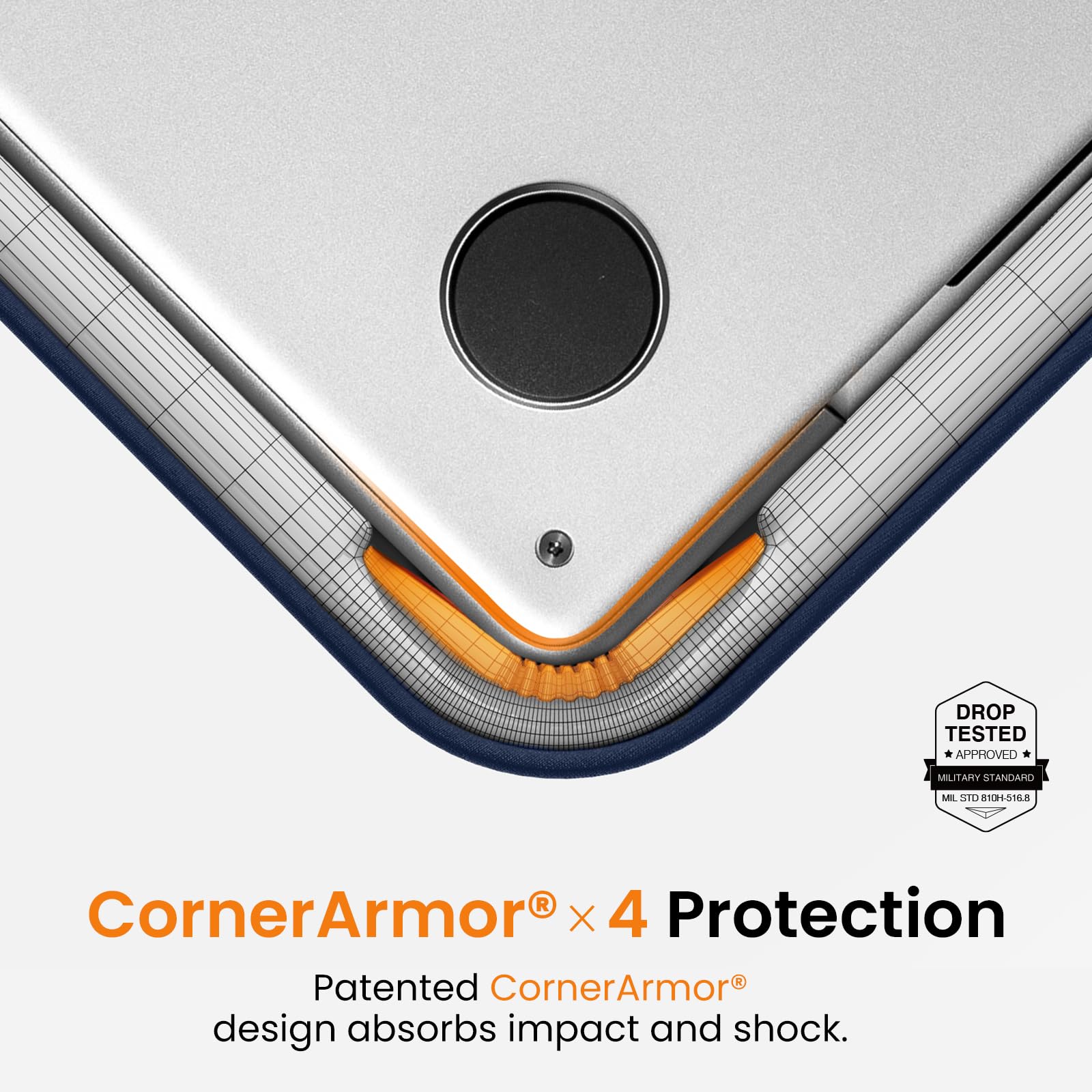 DROP TESTED APPROVED  
MILITARY STANDARD  
MIL STD 810H-516.8  

CornerArmor x 4 Protection  
Patented CornerArmor design absorbs impact and shock.