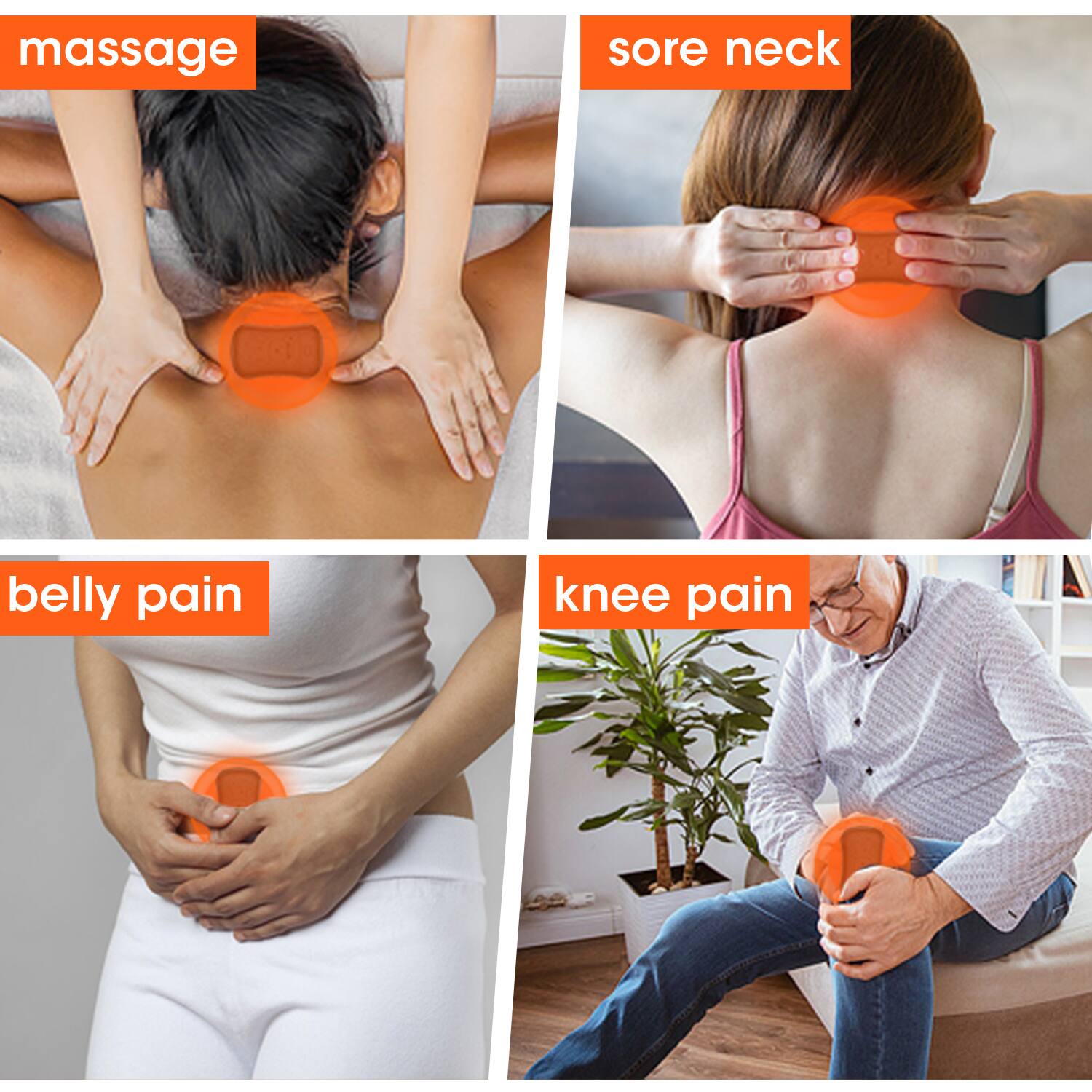 massage  
sore neck  
belly pain  
knee pain