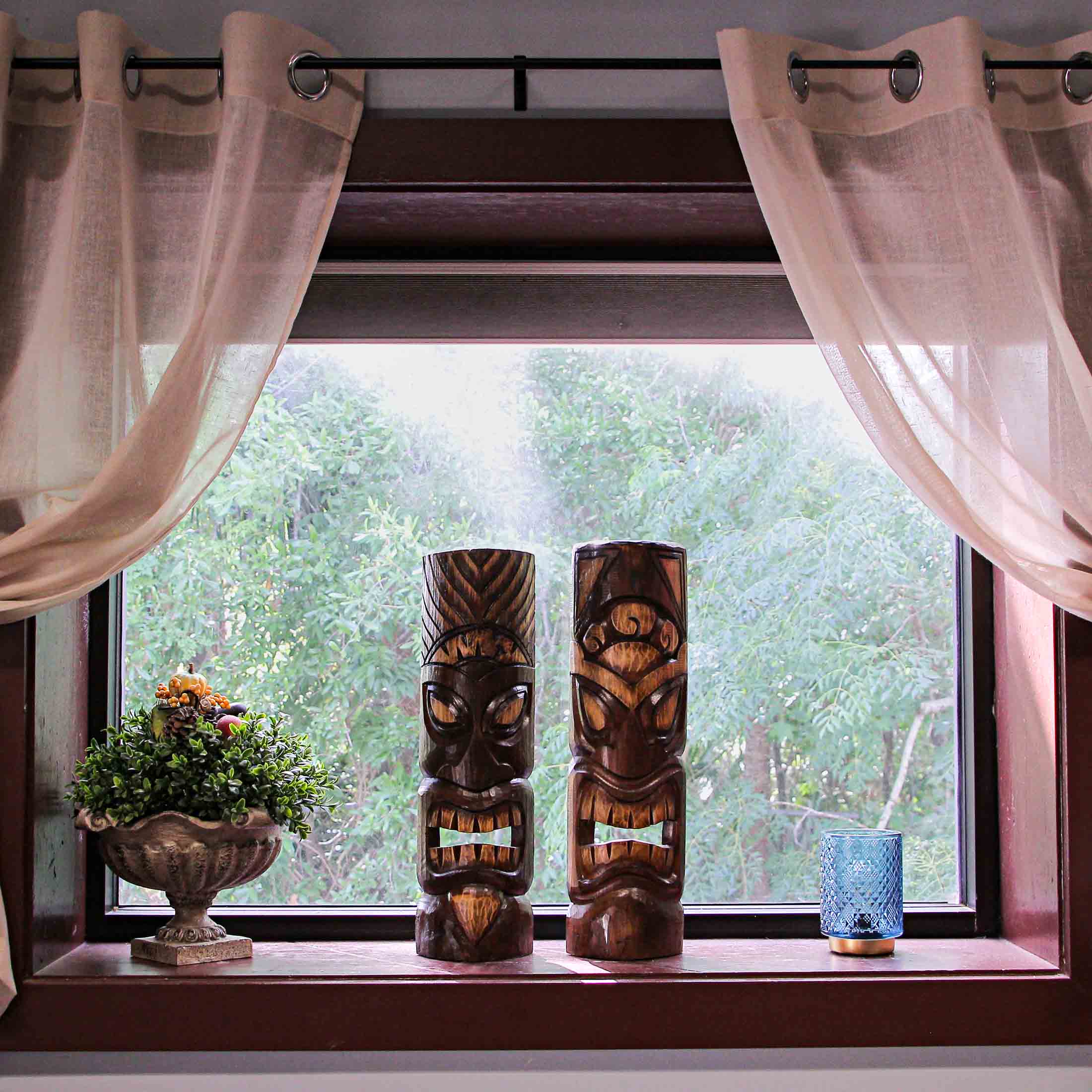 Alt View 3. J.D. Yeatts - Set of 2 Hand Carved  Wood Sun and Flower Polynesian Tiki Masks 20 Inches High - Brown.