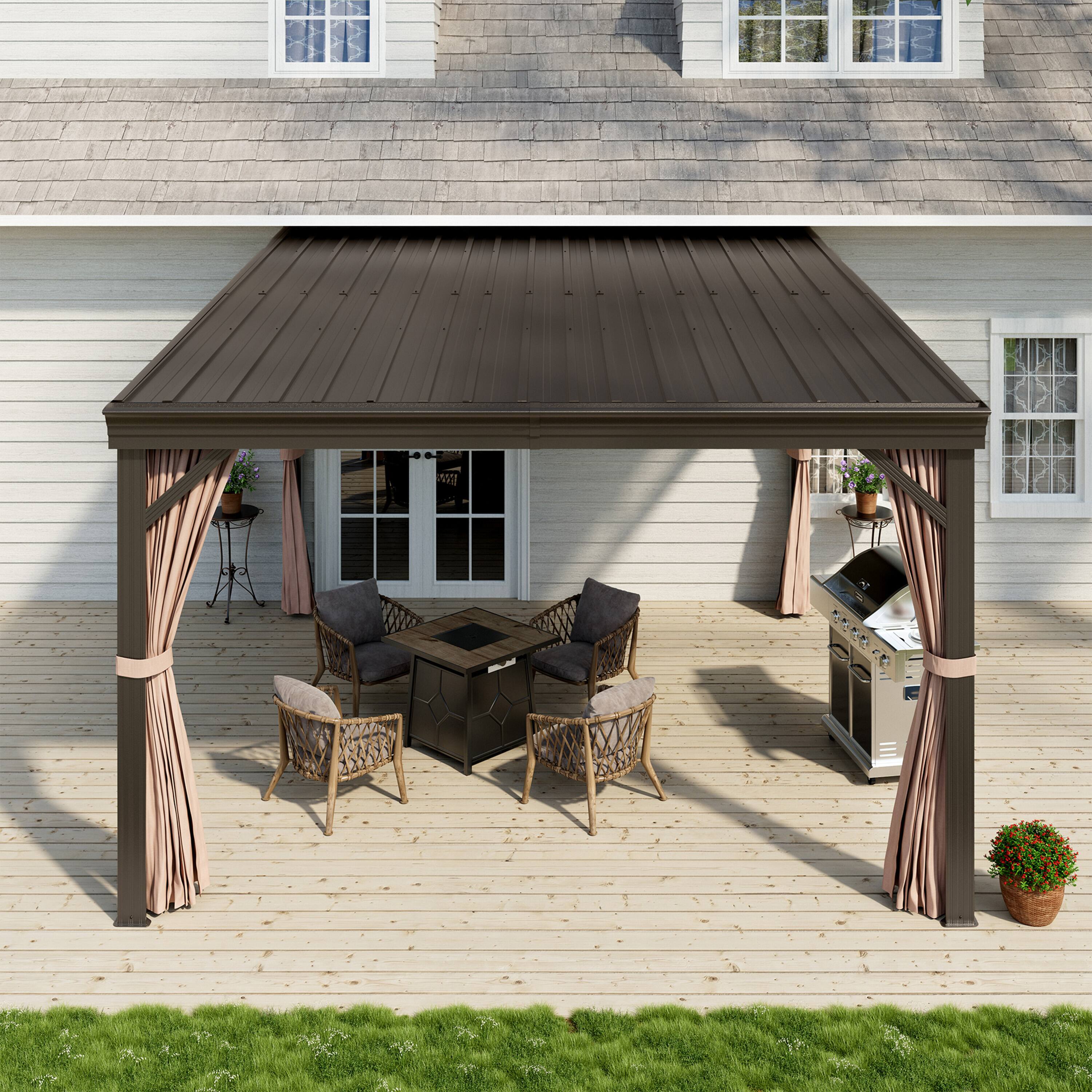 Angle. Mondawe - 10x12 ft Wall-Mounted Hardtop Gazebo with Aluminum Frame, Galvanized Steel Roof, Sunroom, Curtains, and Netting - Black.
