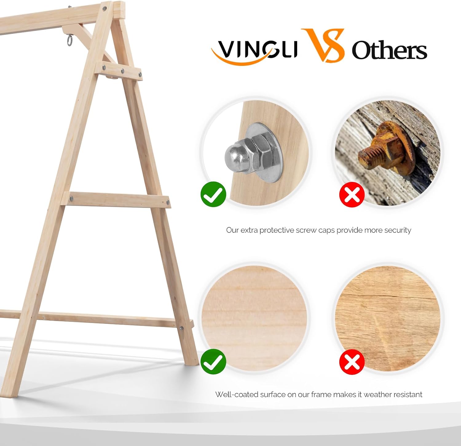 VINGLI VS Others

- Our extra protective screw caps provide more security
- Well-coated surface on our frame makes it weather resistant