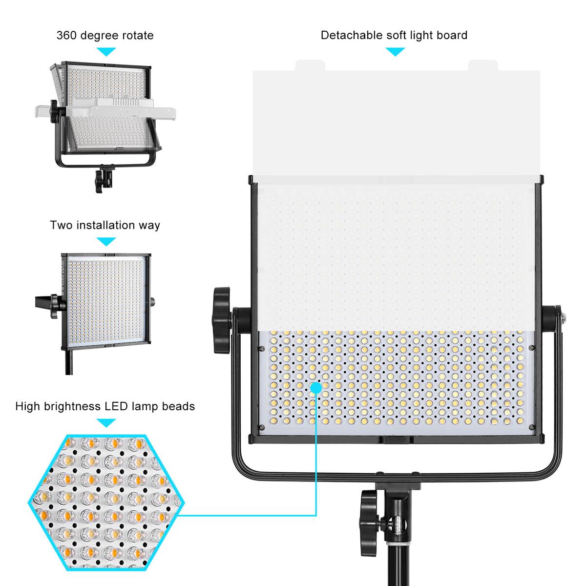 360 degree rotate  
Detachable soft light board  
Two installation way  
High brightness LED lamp beads