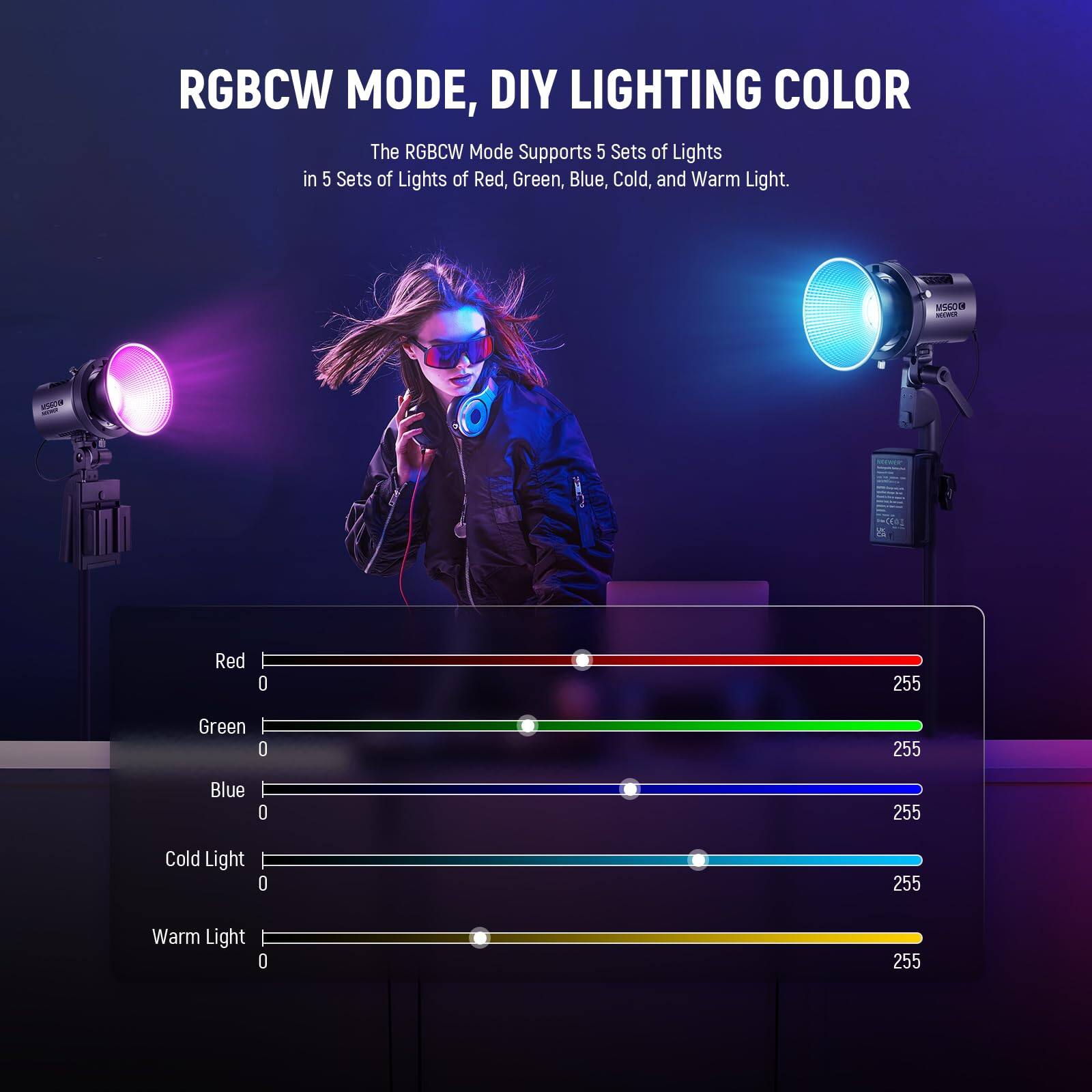 RGBCW MODE, DIY LIGHTING COLOR

The RGBCW Mode Supports 5 Sets of Lights in 5 Sets of Lights of Red, Green, Blue, Cold, and Warm Light.

Red: 255  
Green: 255  
Blue: 255  
Cold Light: 255  
Warm Light: 255