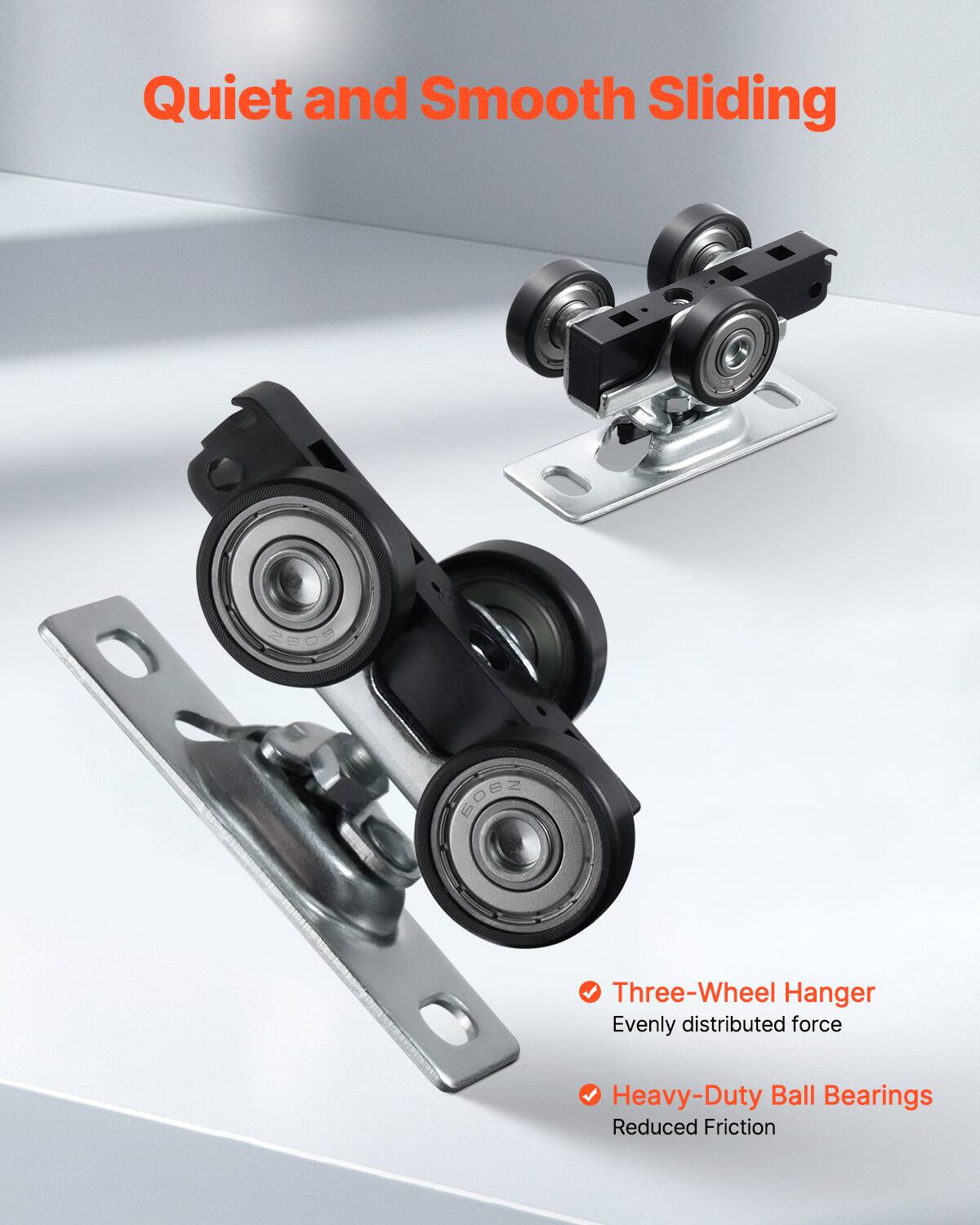 Quiet and Smooth Sliding

GOBZ Three-Wheel Hanger
Evenly distributed force

Heavy-Duty Ball Bearings
Reduced Friction