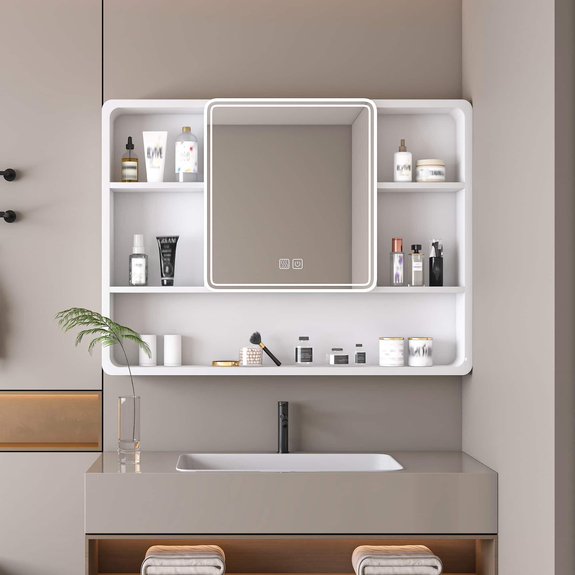 APRILSOUL - Aluminium Medicine Cabinet Mirror 35 x 28 Inches Medicine Cabinet with 3 Colors LED Light and Defogging Function - White