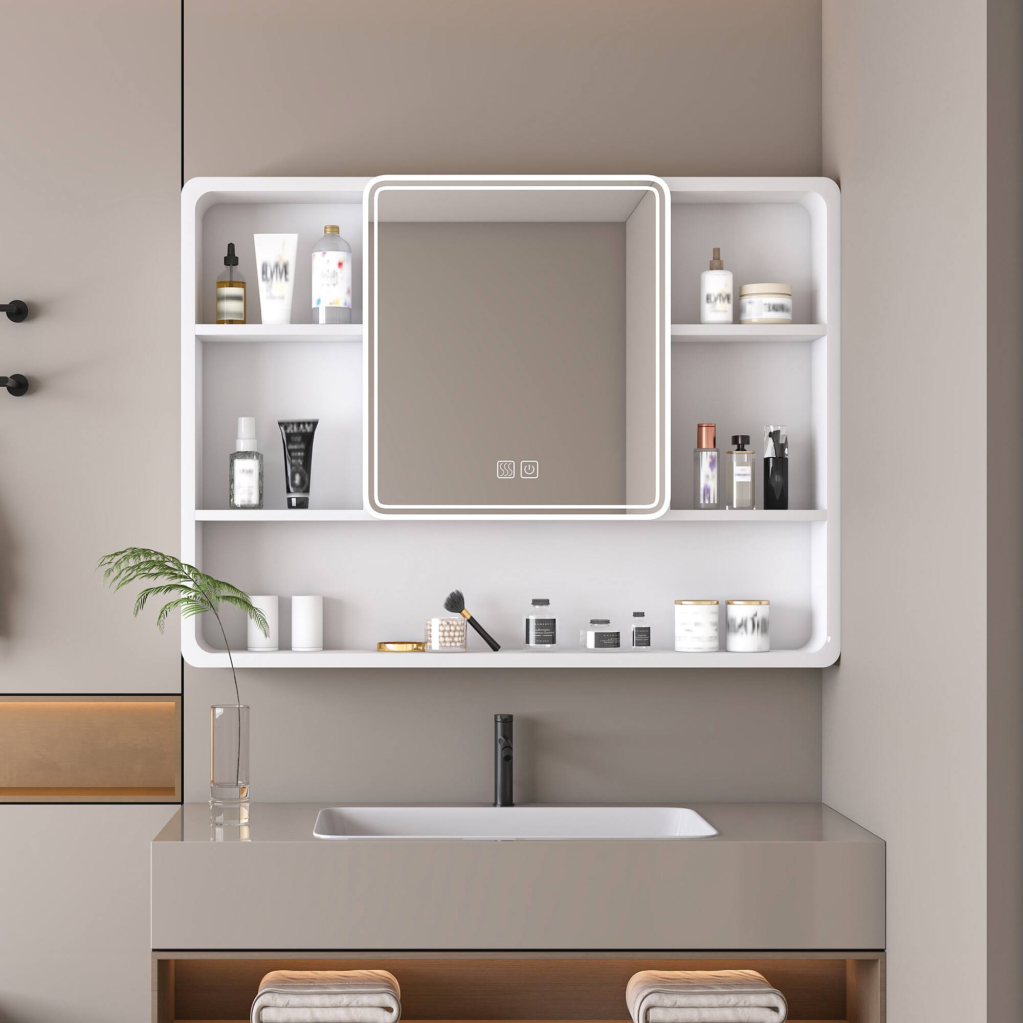 APRILSOUL - Aluminium Medicine Cabinet Mirror 35 x 28 Inches Medicine Cabinet with 3 Colors LED Light and Defogging Function - White