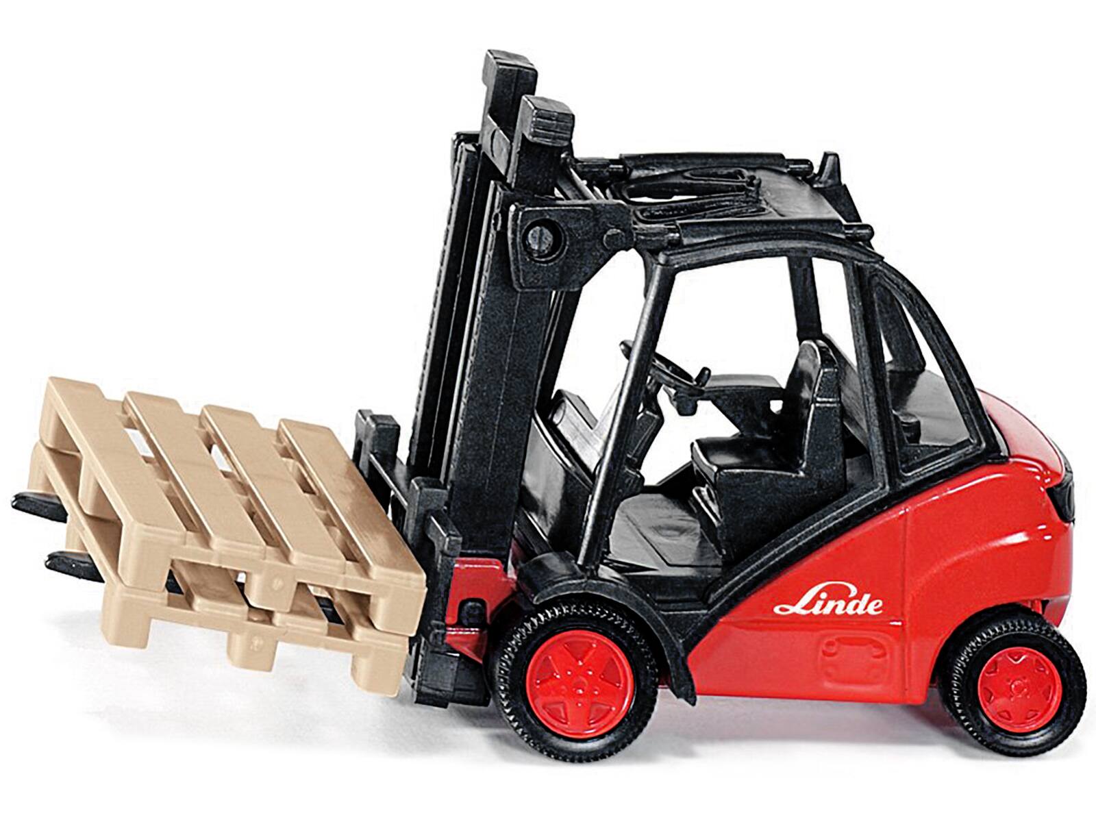 Angle. SIKU - Linde Forklift Truck Red with 2 Pallet Accessories 1/50 Diecast Model by Siku - Red.