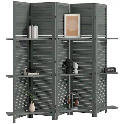 Front. Homcom - Room Divider, 5 Panel Wood Privacy Screen with Display Shelves and Folding Storage for Bedroom or Home Office - Gray.