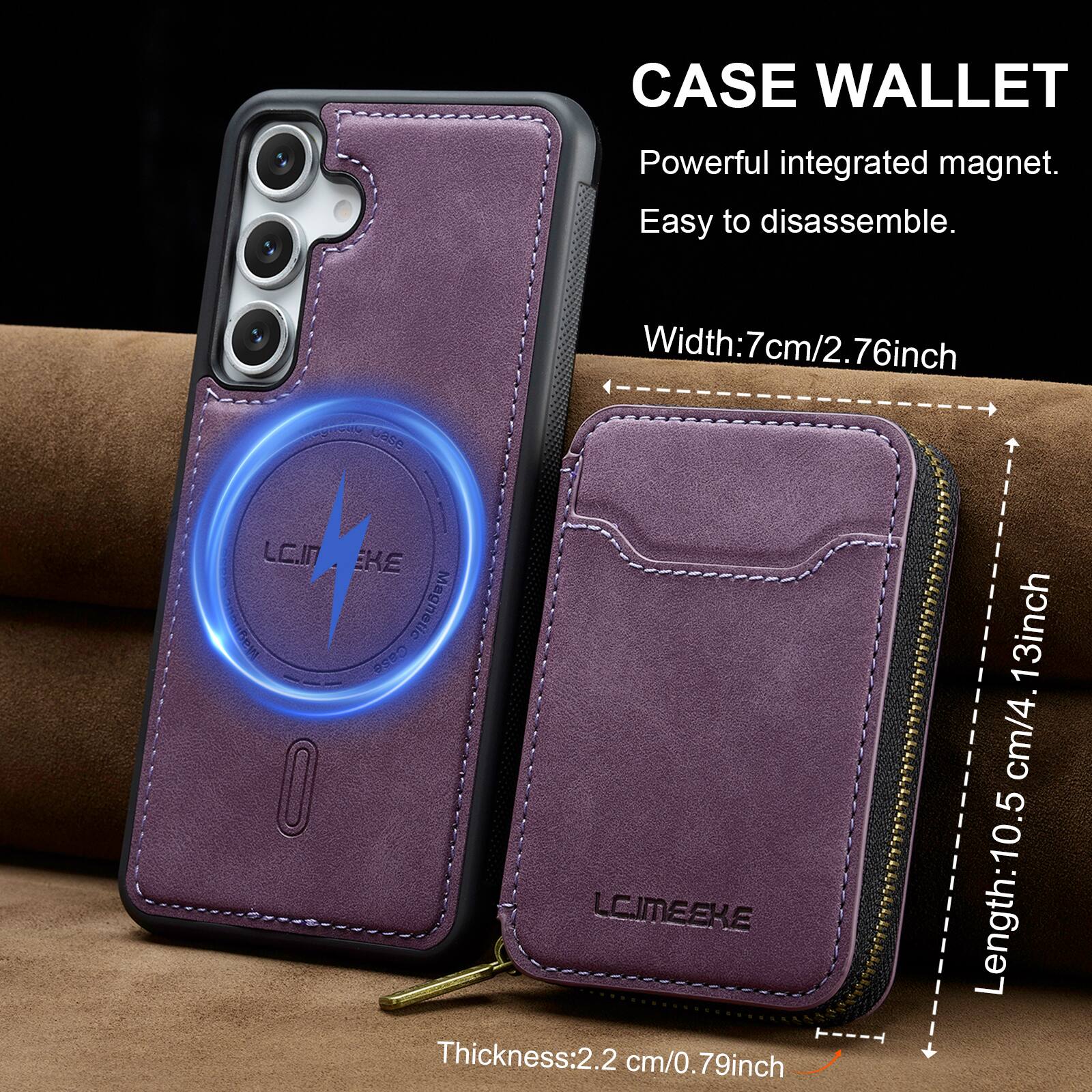 CASE WALLET  
Powerful integrated magnet.  
Easy to disassemble.  

Width: 7cm/2.76inch  
Length: 10.5cm/4.13inch  
Thickness: 2.2cm/0.79inch
