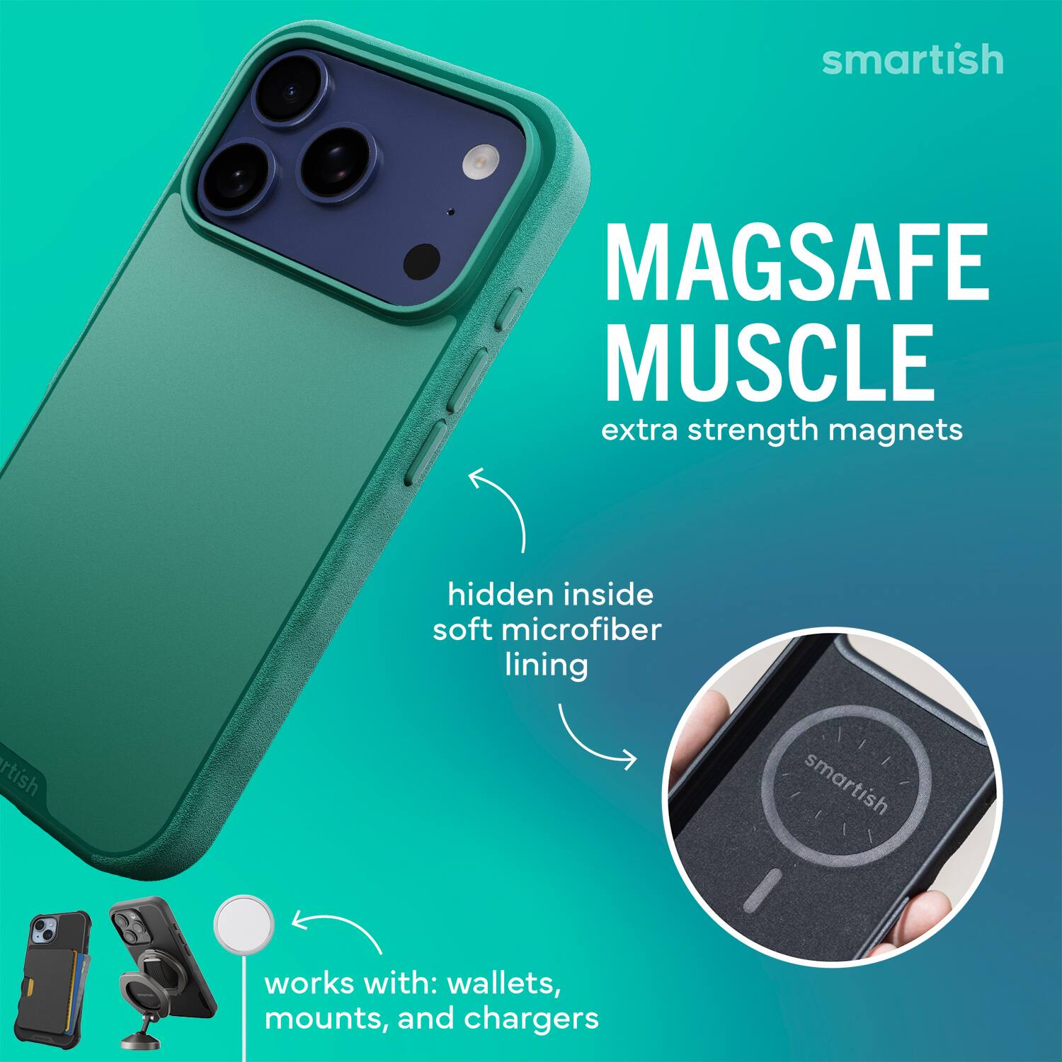 smartish MAGSAFE MUSCLE extra strength magnets hidden inside soft microfiber lining smartish works with: wallets, mounts, and chargers