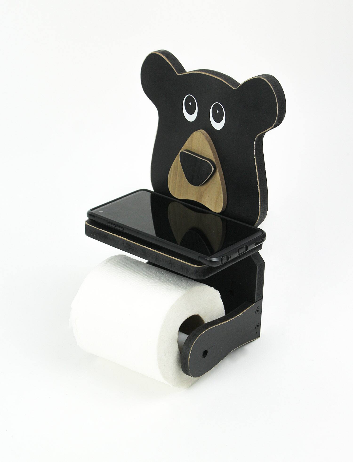 Alt View 1. De Leon Collections - Whimsical Hand Painted Black Bear Wooden Toilet Paper Roll Holder With Phone Shelf - Black.