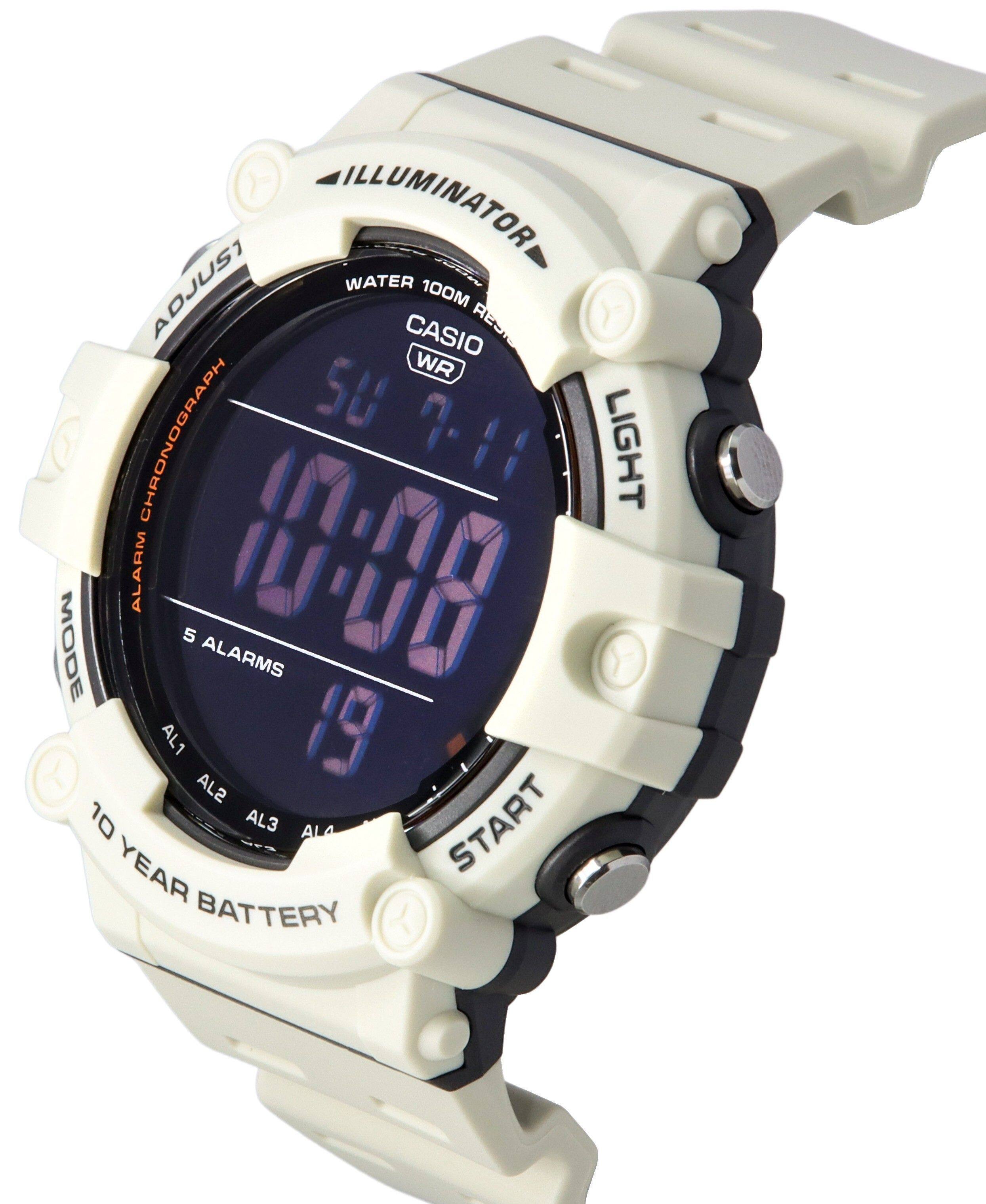 ILLUMINATOR  
ADJUST  
WATER 100M  
CASIO  
WR  
ALARM CHRONOGRAPH  
5 ALARMS  
10:08  
AL1 19  
AL2  
AL3  
AL4  
LIGHT MODE  
START  
10 YEAR BATTERY