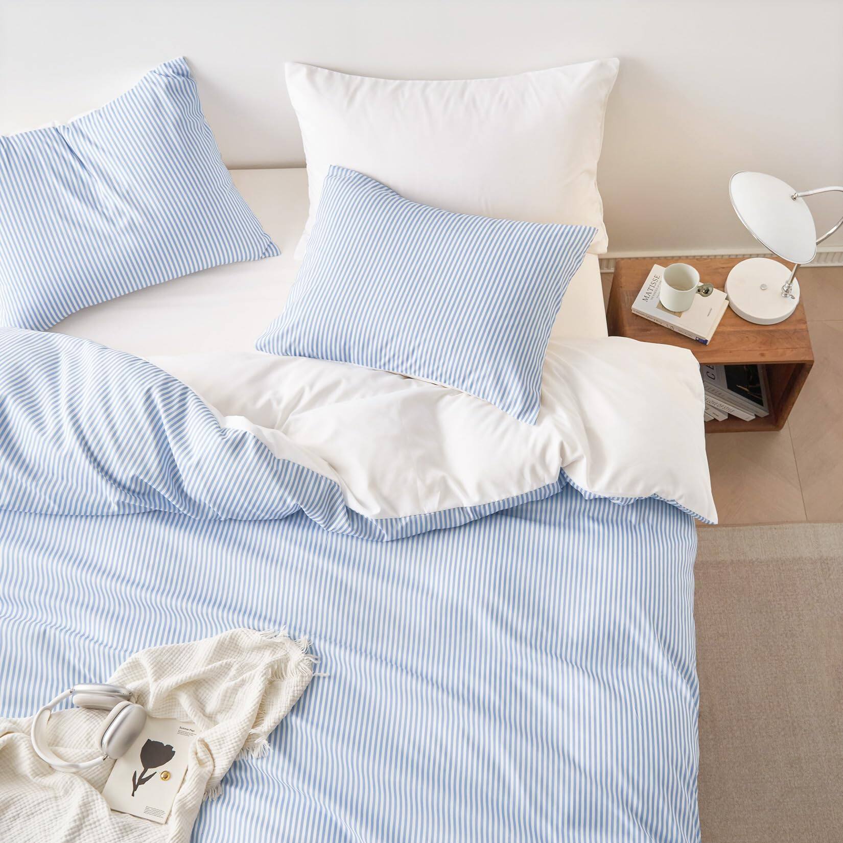 Alt View 2. PARKER SLATER - - Striped Comforter Set Ticking Stripe Vertical Pinstripe Neutral Farmhouse Pattern Printed Soft Lightweight... - Blue White-King.