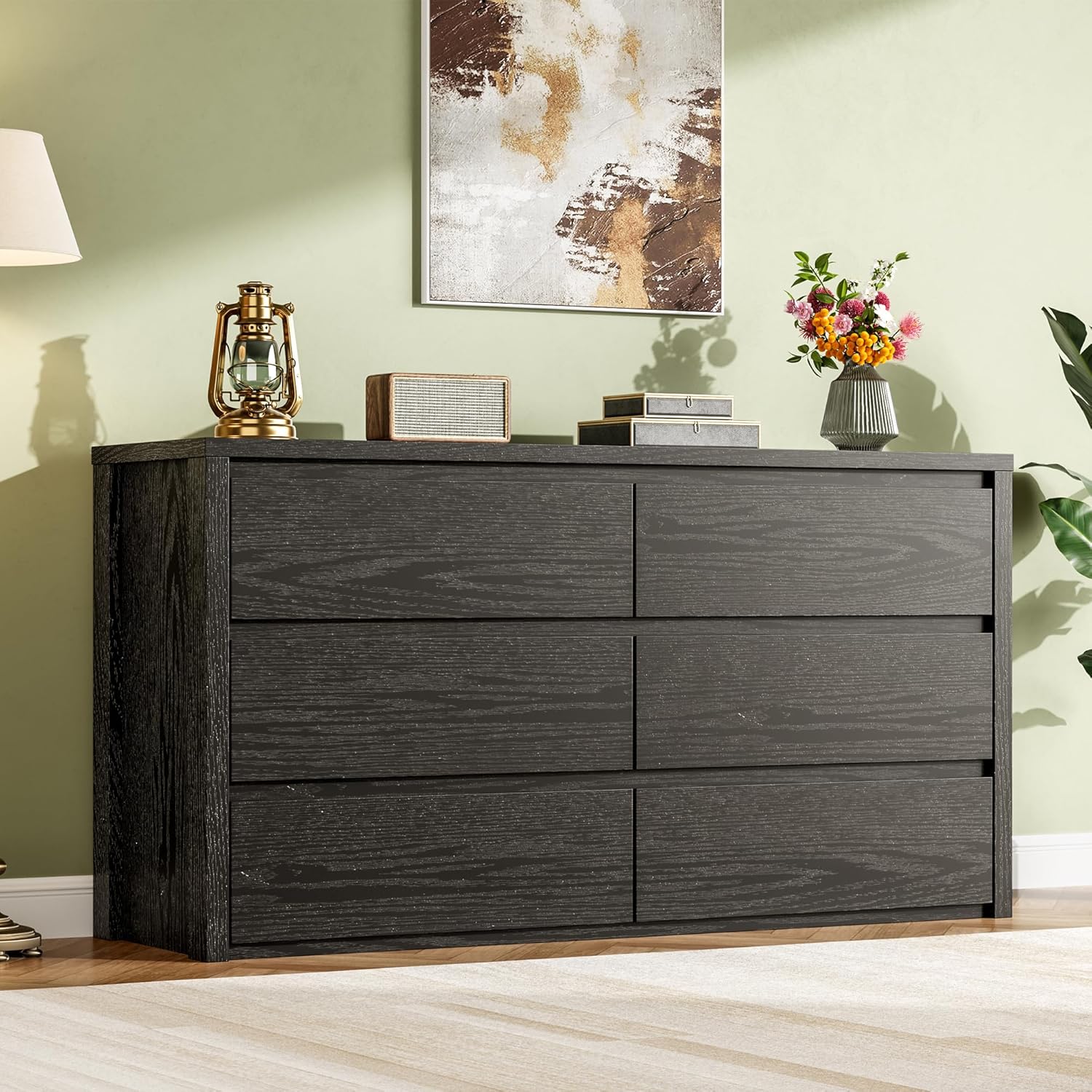Back. Homhougo - 6 Drawer Dresser for Bedroom, Wide Wood Chest of Drawers Handle Free, Large Modern Dresser Storage Cabinet for Living - Black.
